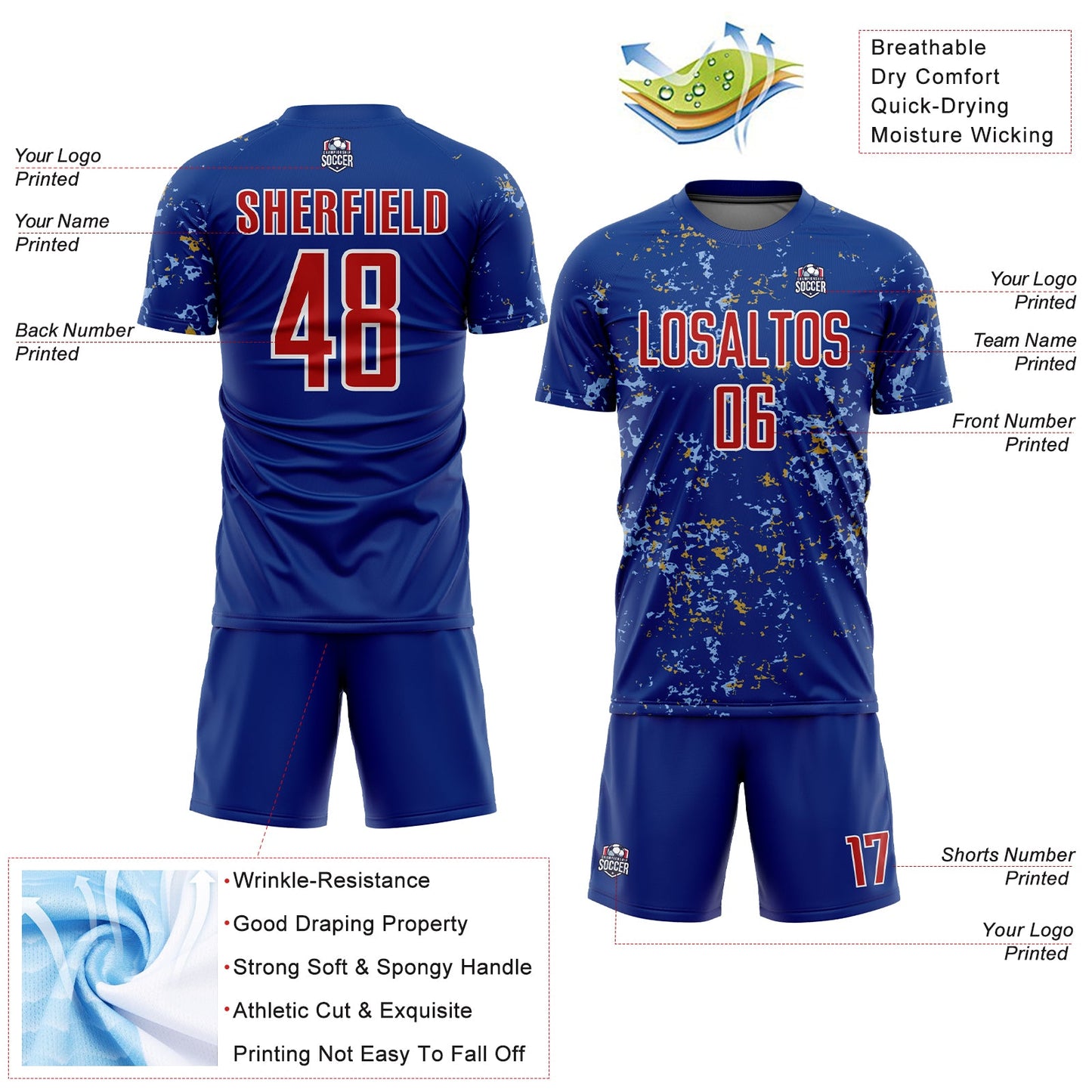 Custom Royal Red Old Gold-Light Blue Abstract Fragment Art Sublimation Soccer Uniform Jersey view 4