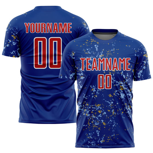 Custom Royal Red Old Gold-Light Blue Abstract Fragment Art Sublimation Soccer Uniform Jersey - Main View
