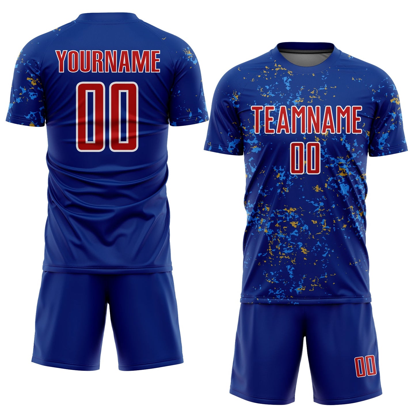 Custom Royal Red Old Gold-Powder Blue Abstract Fragment Art Sublimation Soccer Uniform Jersey view 2