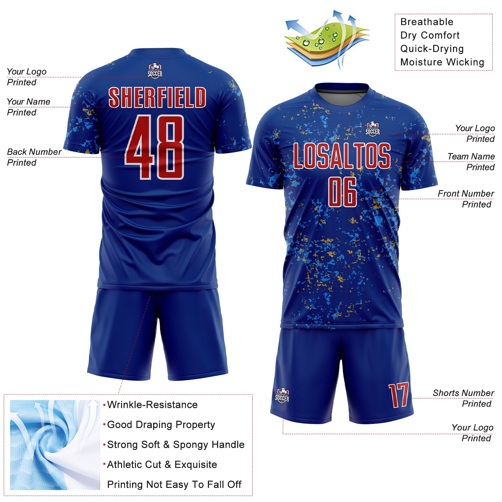 Custom Royal Red Old Gold-Powder Blue Abstract Fragment Art Sublimation Soccer Uniform Jersey view 4