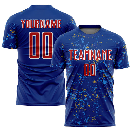 Custom Royal Red Old Gold-Powder Blue Abstract Fragment Art Sublimation Soccer Uniform Jersey - Main View