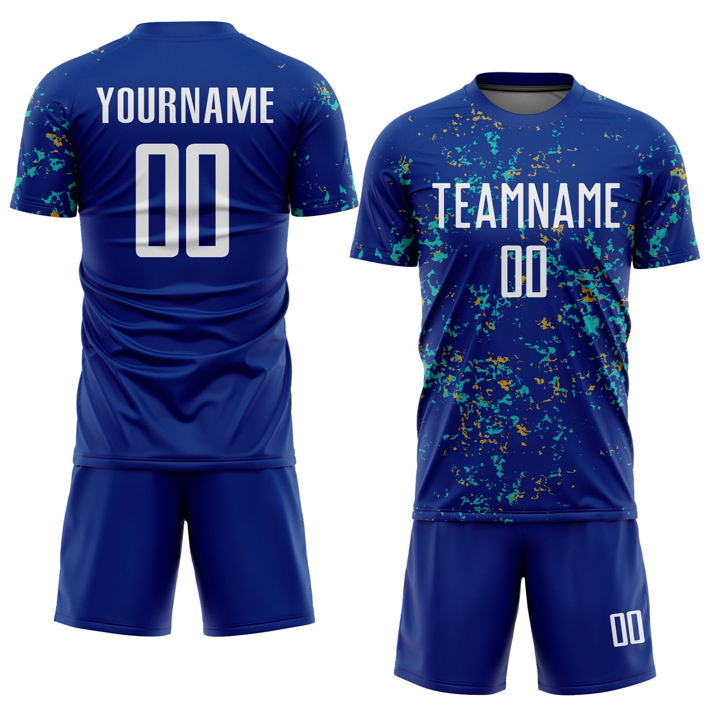 Custom Royal Old Gold-Aqua Abstract Fragment Art Sublimation Soccer Uniform Jersey view 2