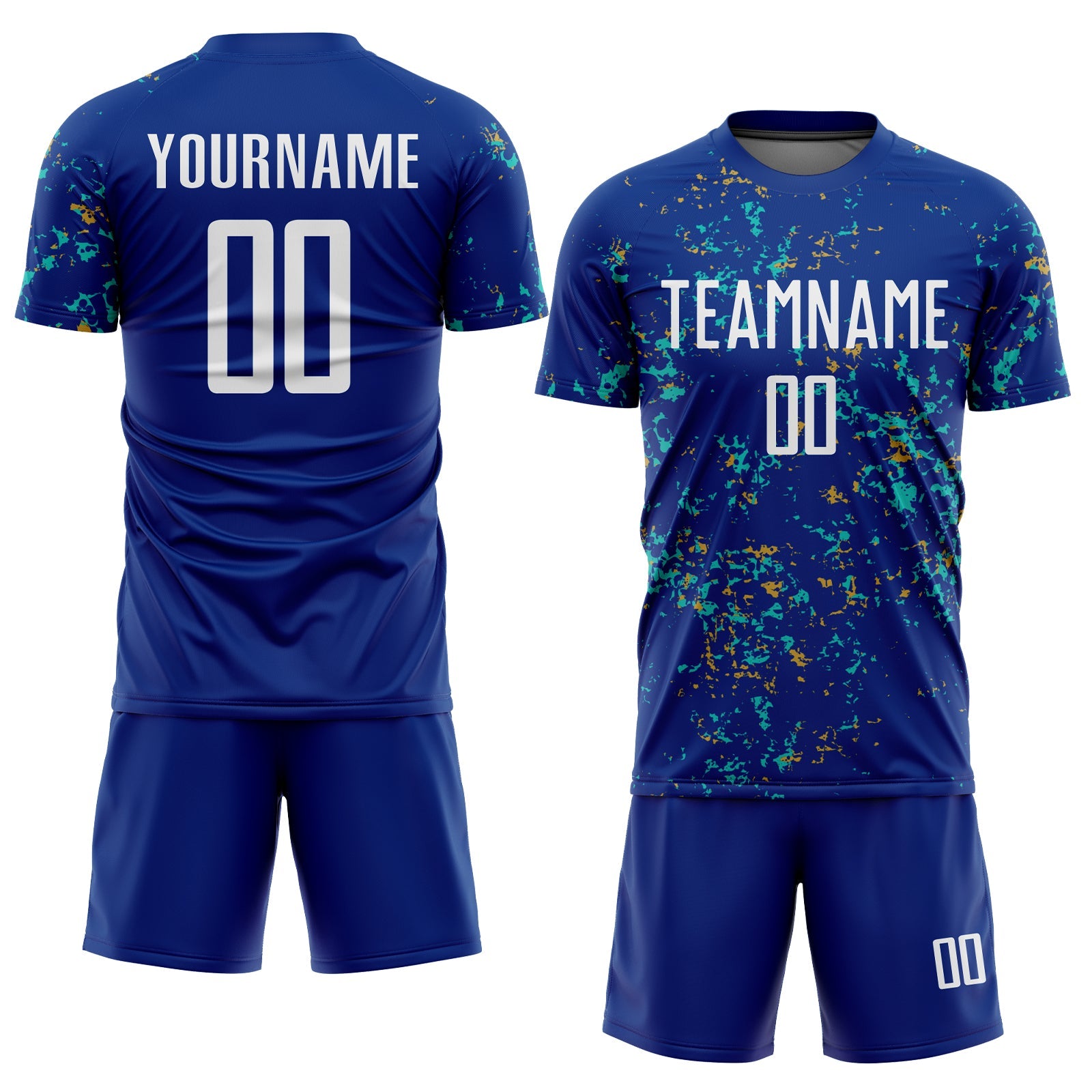 Custom Royal Old Gold-Aqua Abstract Fragment Art Sublimation Soccer Uniform Jersey view 2