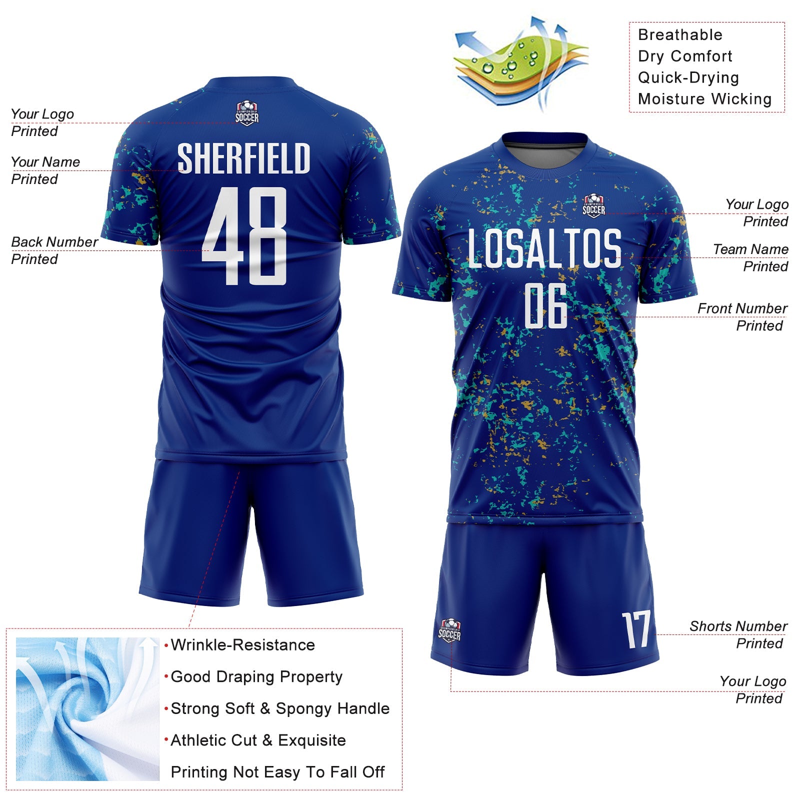 Custom Royal Old Gold-Aqua Abstract Fragment Art Sublimation Soccer Uniform Jersey view 4