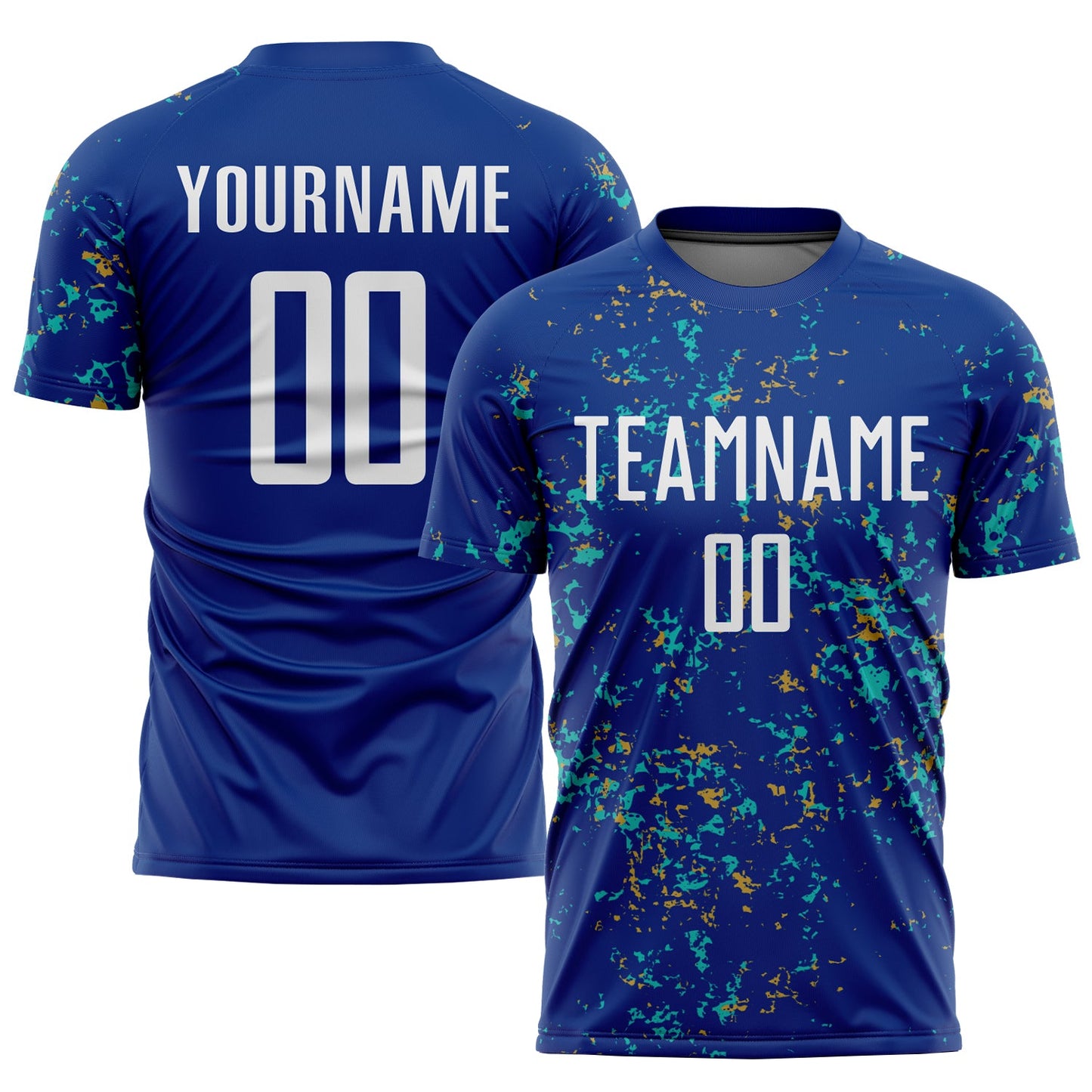Custom Royal Old Gold-Aqua Abstract Fragment Art Sublimation Soccer Uniform Jersey - Main View
