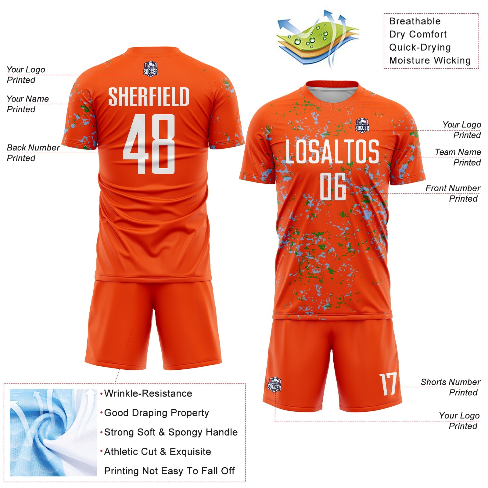 Custom Orange Light Blue-Grass Green Abstract Fragment Art Sublimation Soccer Uniform Jersey view 4