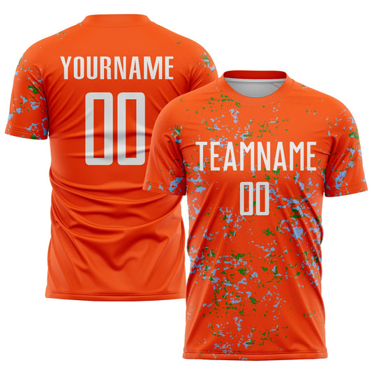 Custom Orange Light Blue-Grass Green Abstract Fragment Art Sublimation Soccer Uniform Jersey - Main View