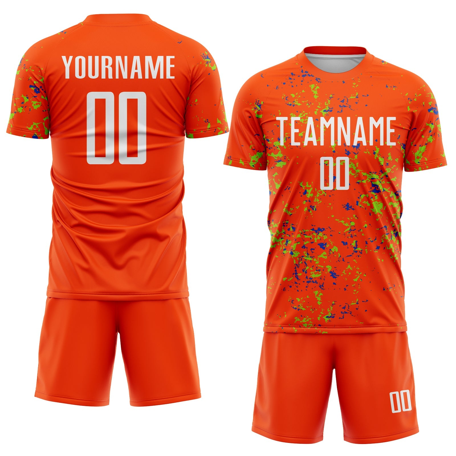 Custom Orange Neon Green-Thunder Blue Abstract Fragment Art Sublimation Soccer Uniform Jersey view 2