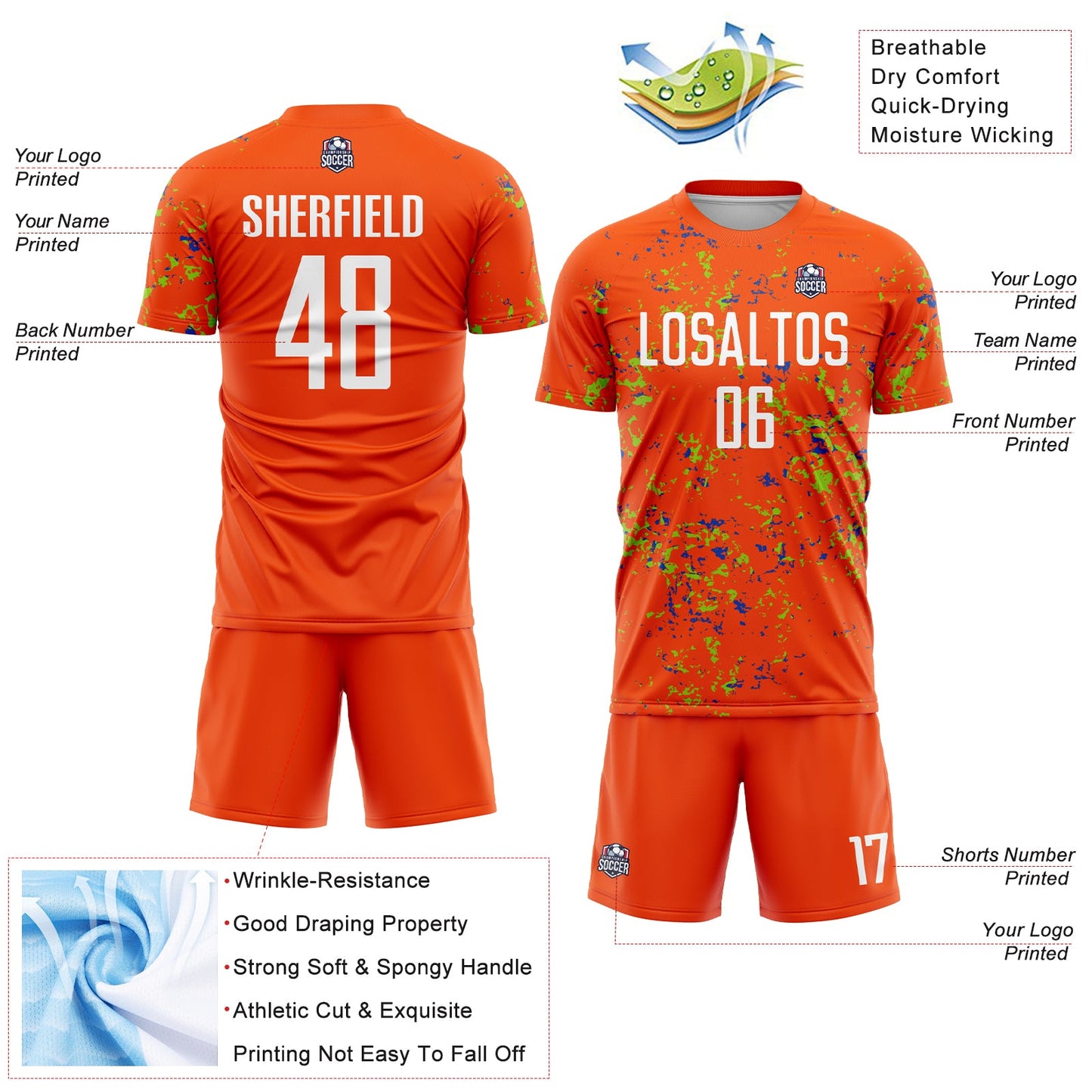 Custom Orange Neon Green-Thunder Blue Abstract Fragment Art Sublimation Soccer Uniform Jersey view 4