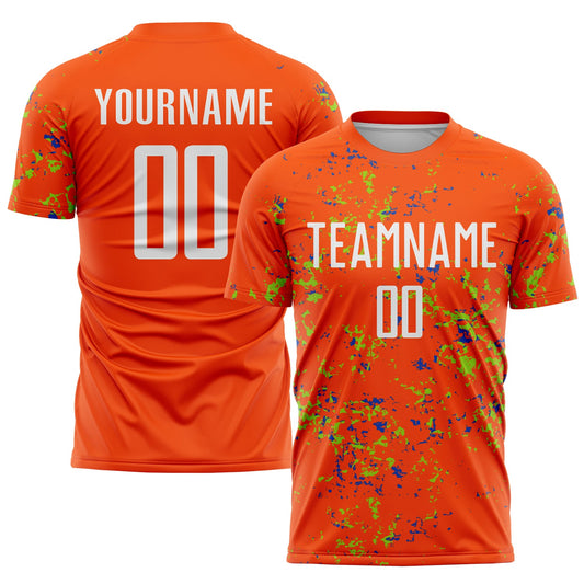 Custom Orange Neon Green-Thunder Blue Abstract Fragment Art Sublimation Soccer Uniform Jersey - Main View