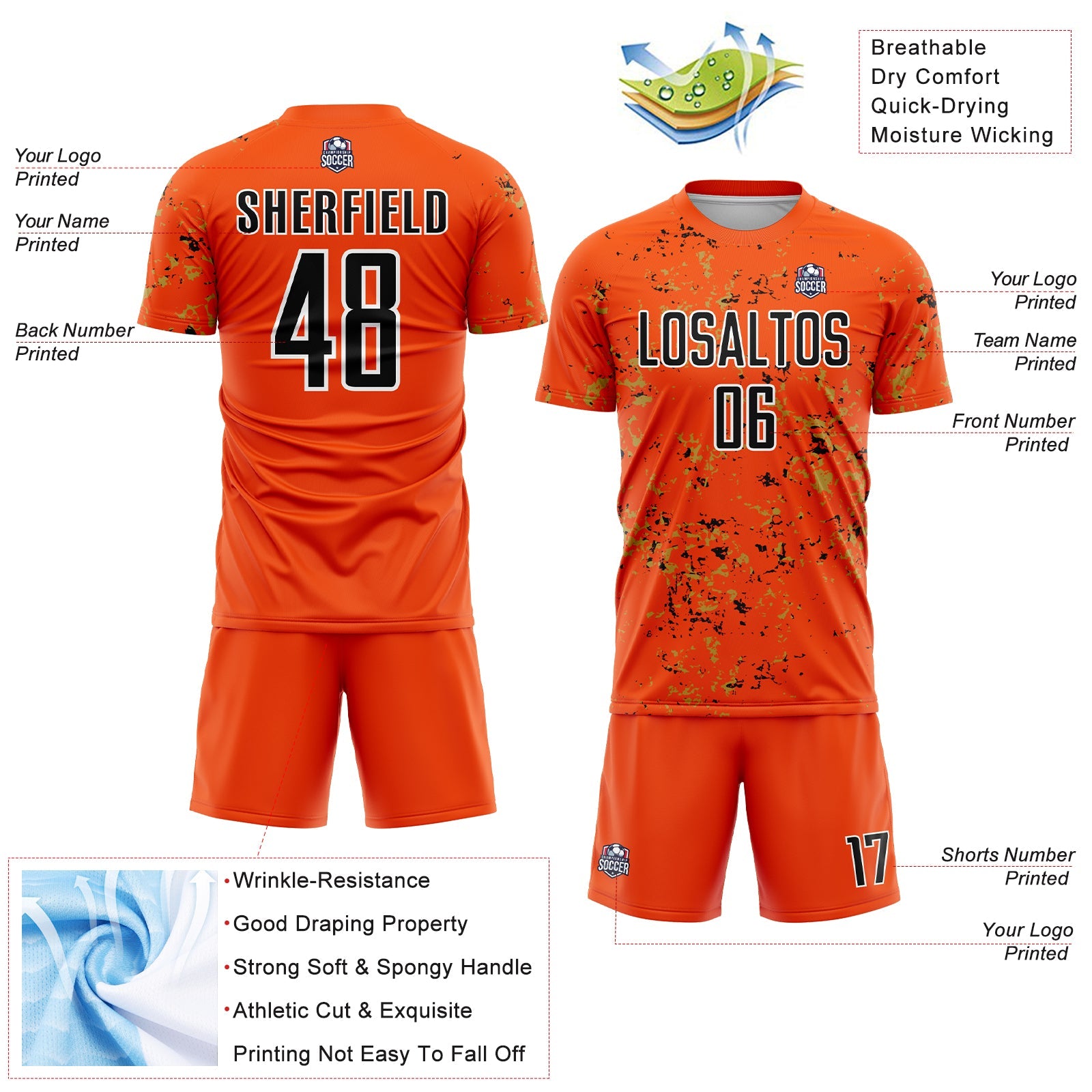 Custom Orange Black-Old Gold Abstract Fragment Art Sublimation Soccer Uniform Jersey view 4