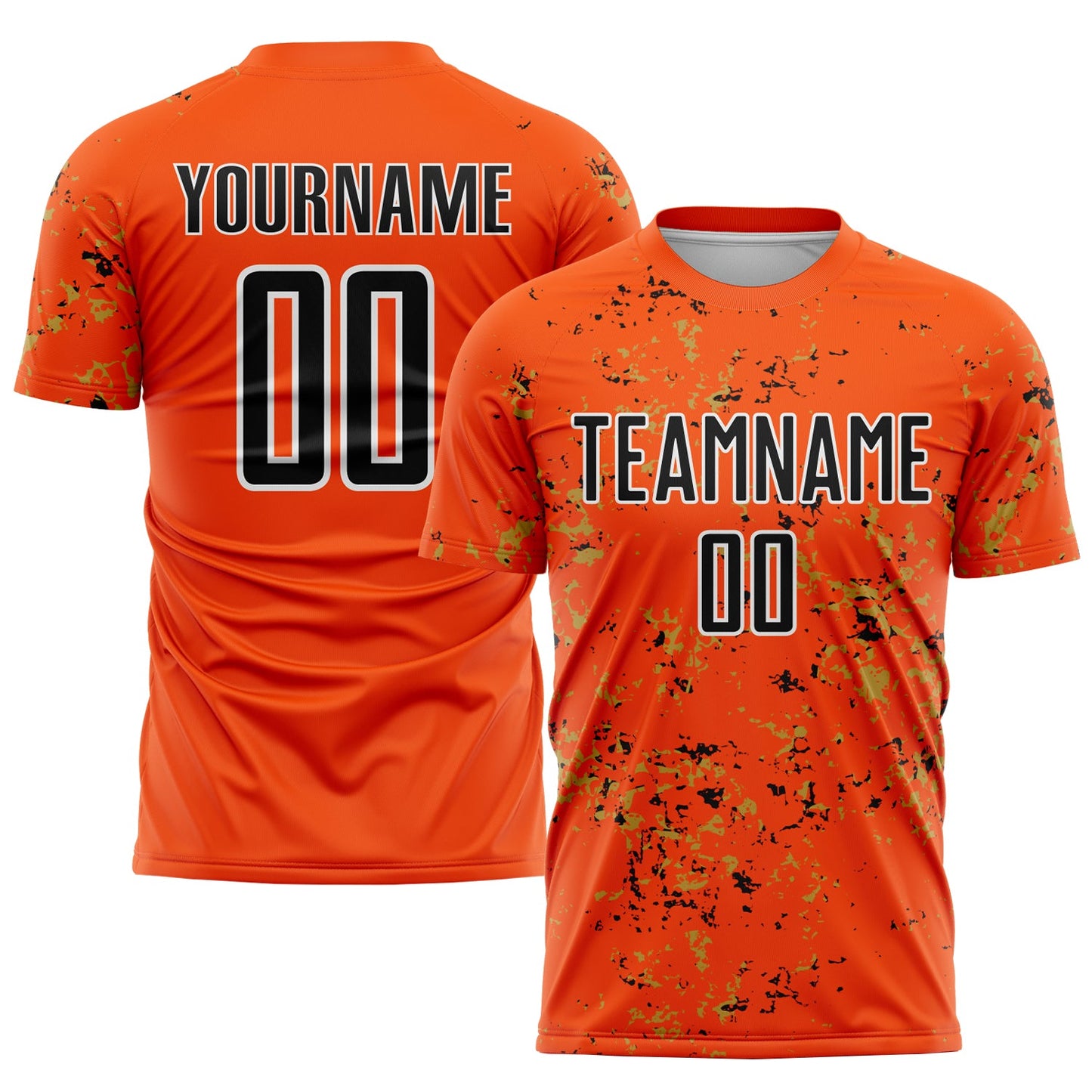 Custom Orange Black-Old Gold Abstract Fragment Art Sublimation Soccer Uniform Jersey - Main View