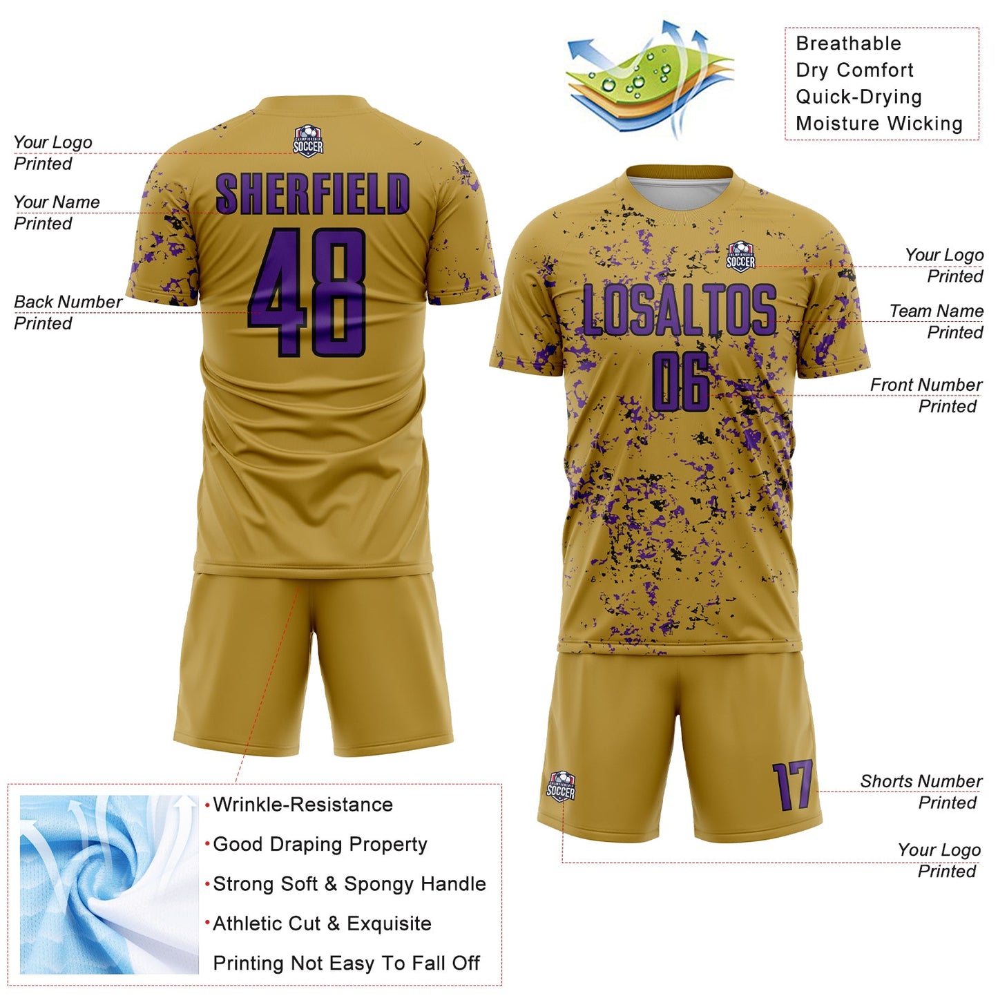Custom Old Gold Purple-Black Abstract Fragment Art Sublimation Soccer Uniform Jersey view 4