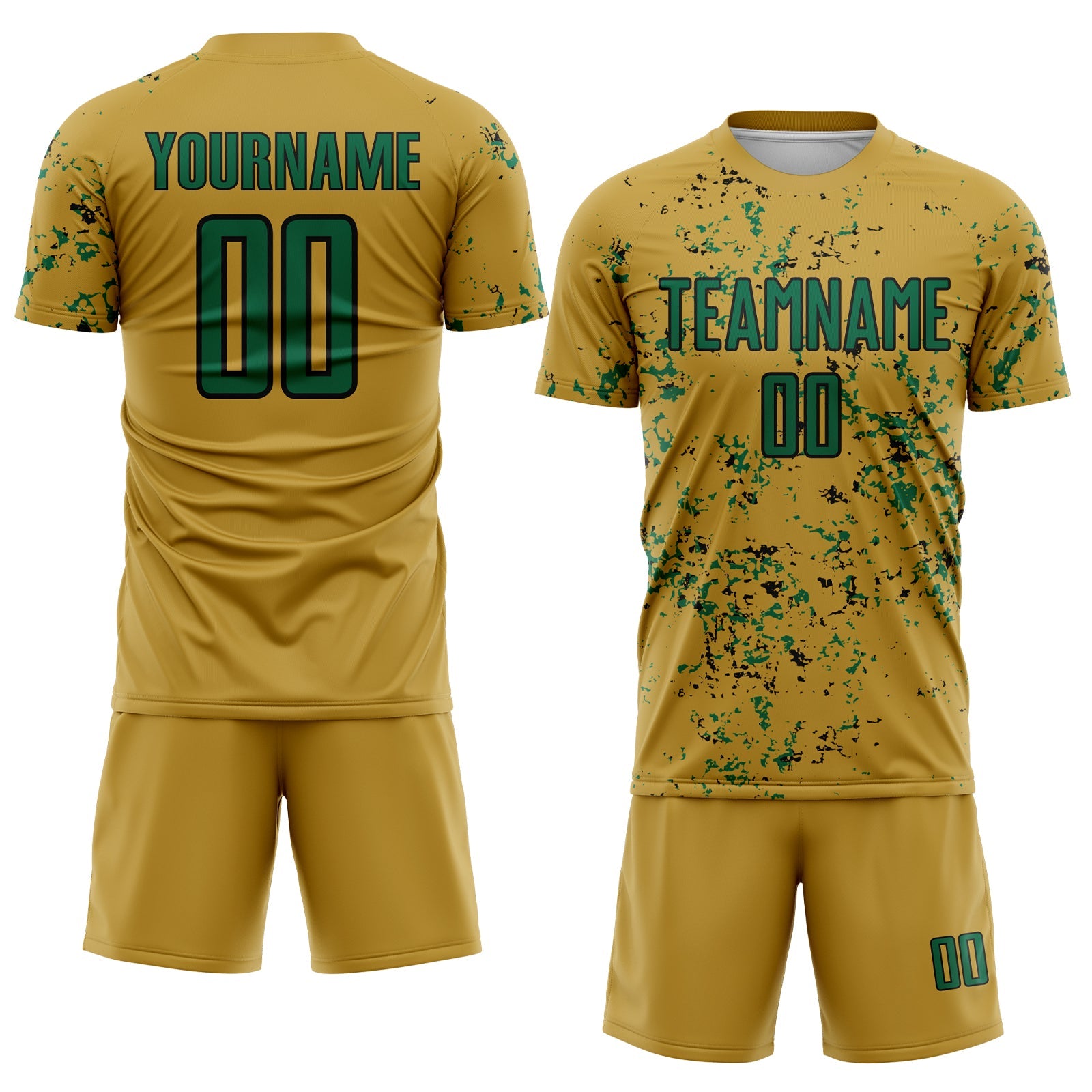 Custom Old Gold Kelly Green-Black Abstract Fragment Art Sublimation Soccer Uniform Jersey view 2