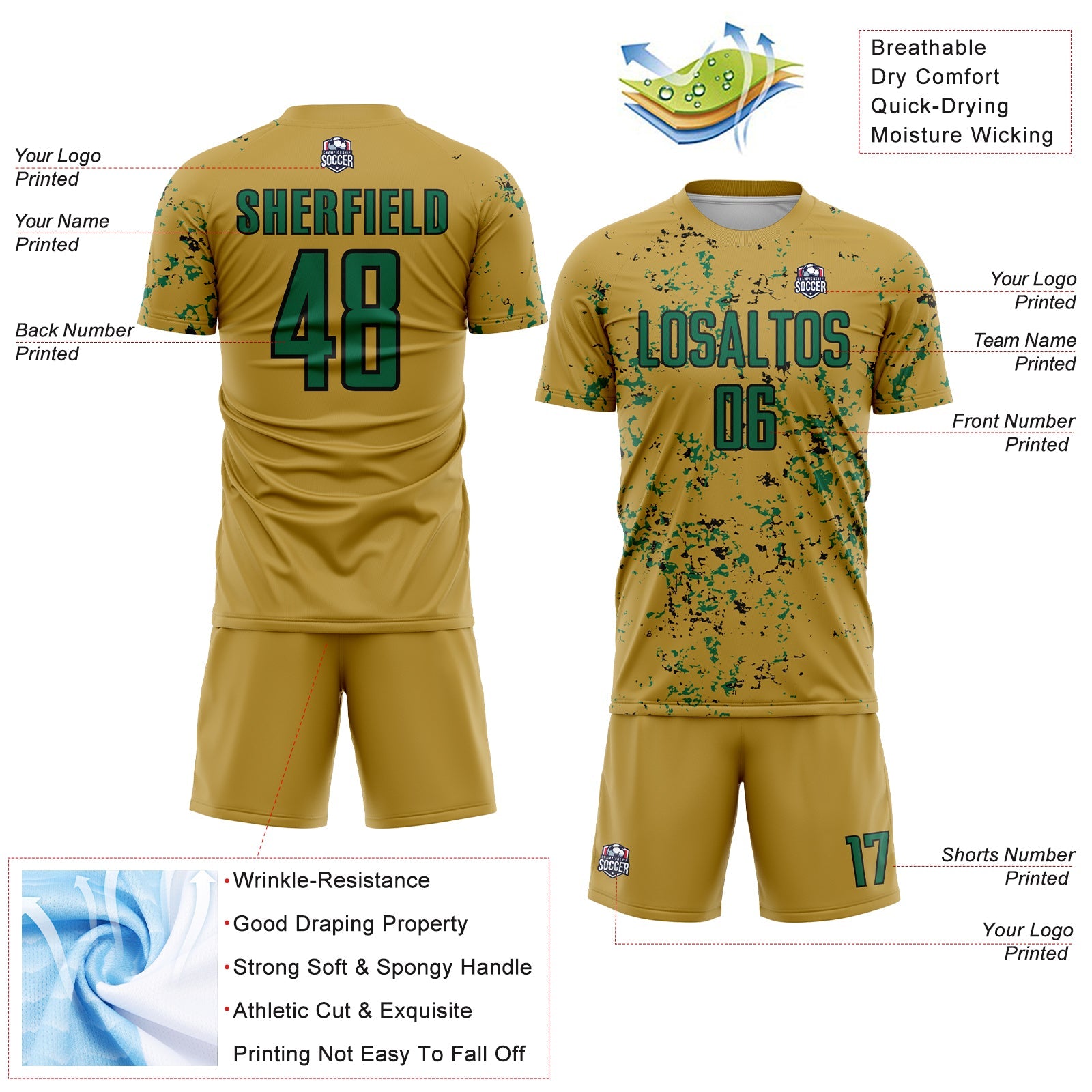 Custom Old Gold Kelly Green-Black Abstract Fragment Art Sublimation Soccer Uniform Jersey view 4