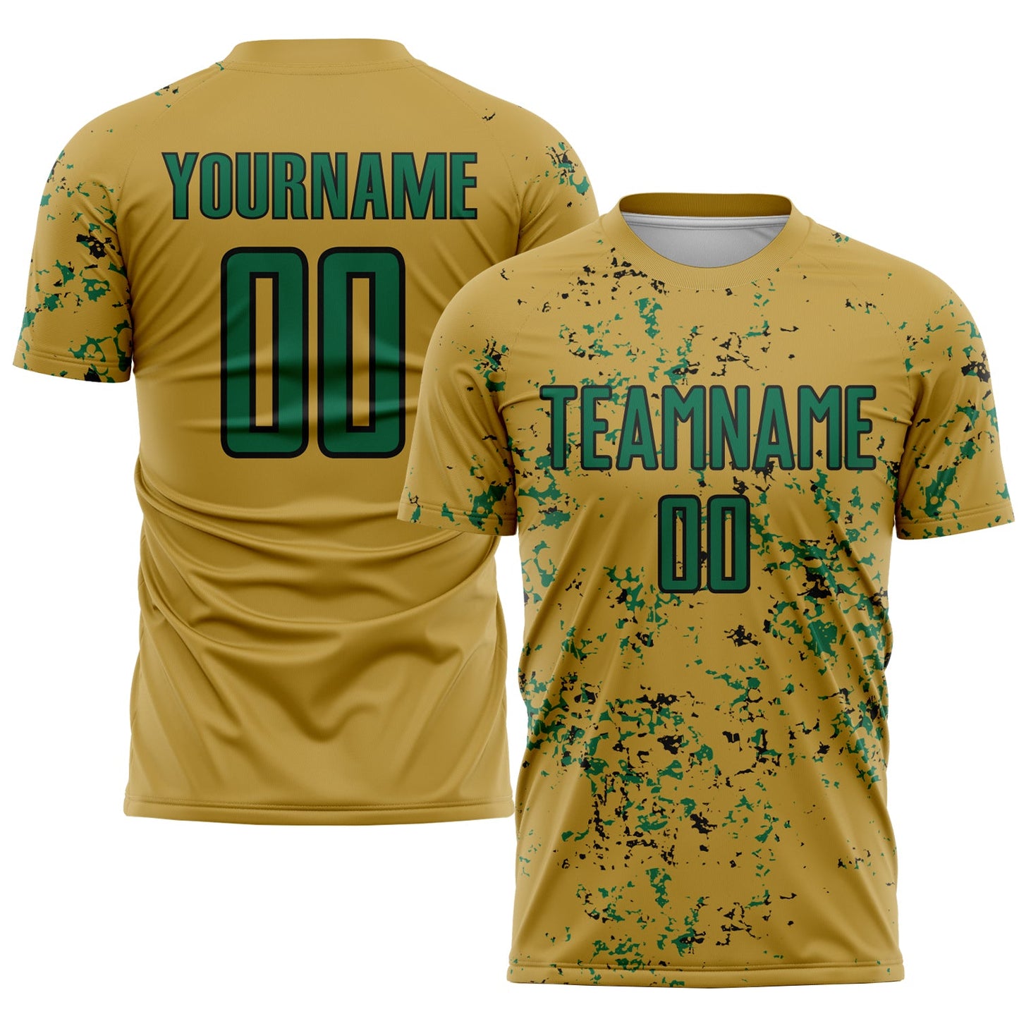 Custom Old Gold Kelly Green-Black Abstract Fragment Art Sublimation Soccer Uniform Jersey - Main View