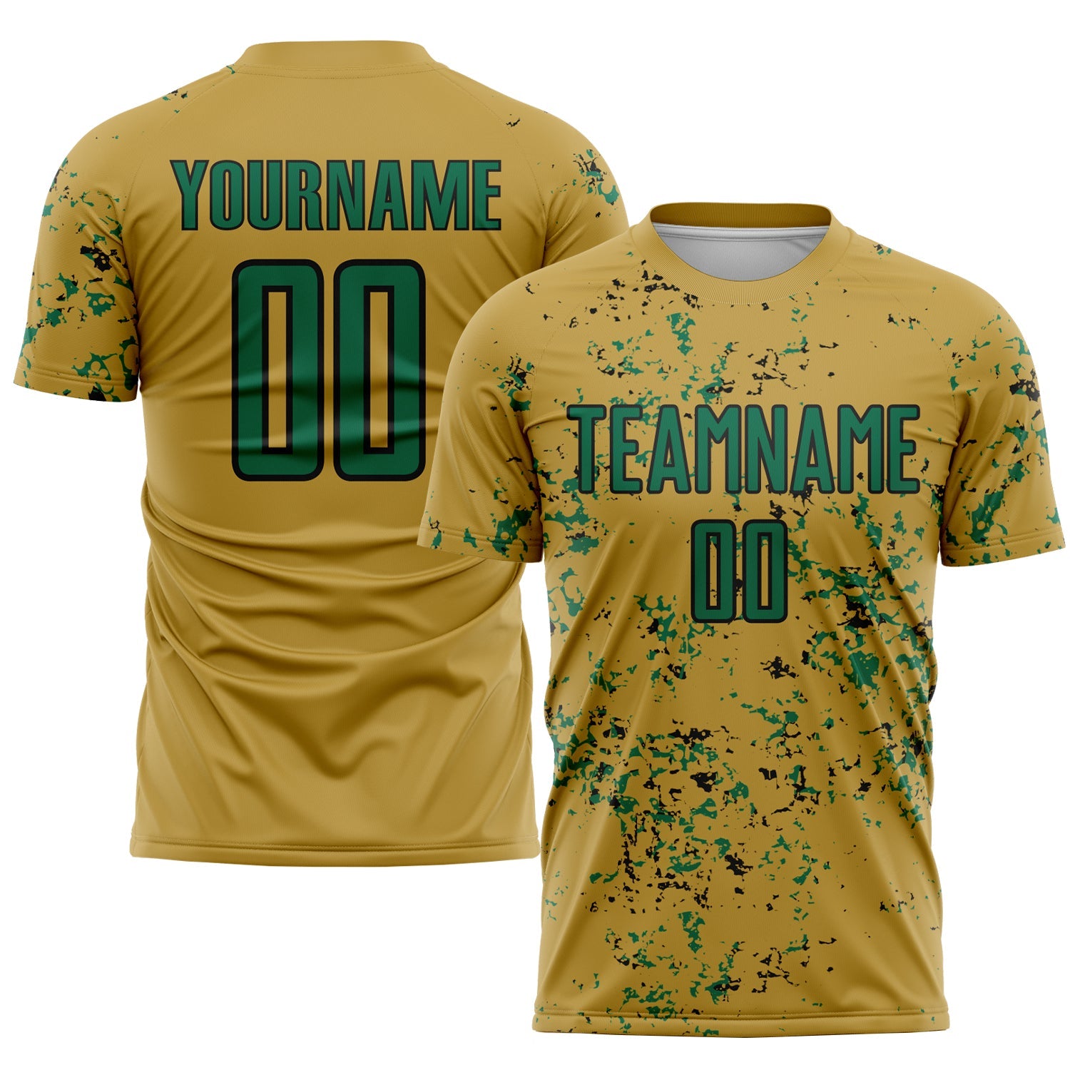 Custom Old Gold Kelly Green-Black Abstract Fragment Art Sublimation Soccer Uniform Jersey - Main View