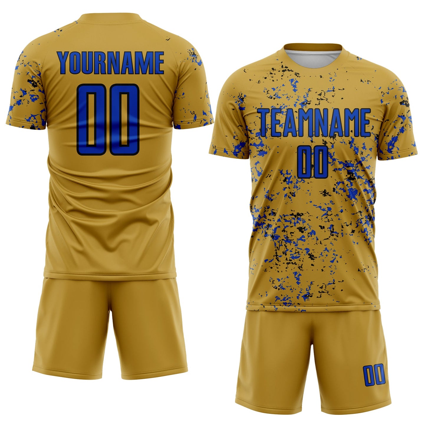 Custom Old Gold Thunder Blue-Black Abstract Fragment Art Sublimation Soccer Uniform Jersey view 2