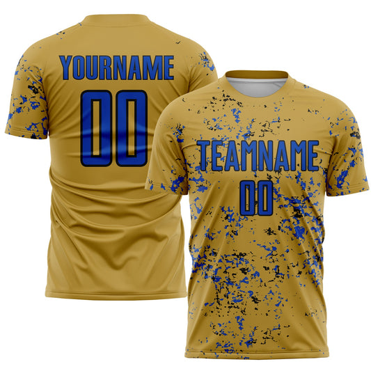 Custom Old Gold Thunder Blue-Black Abstract Fragment Art Sublimation Soccer Uniform Jersey - Main View