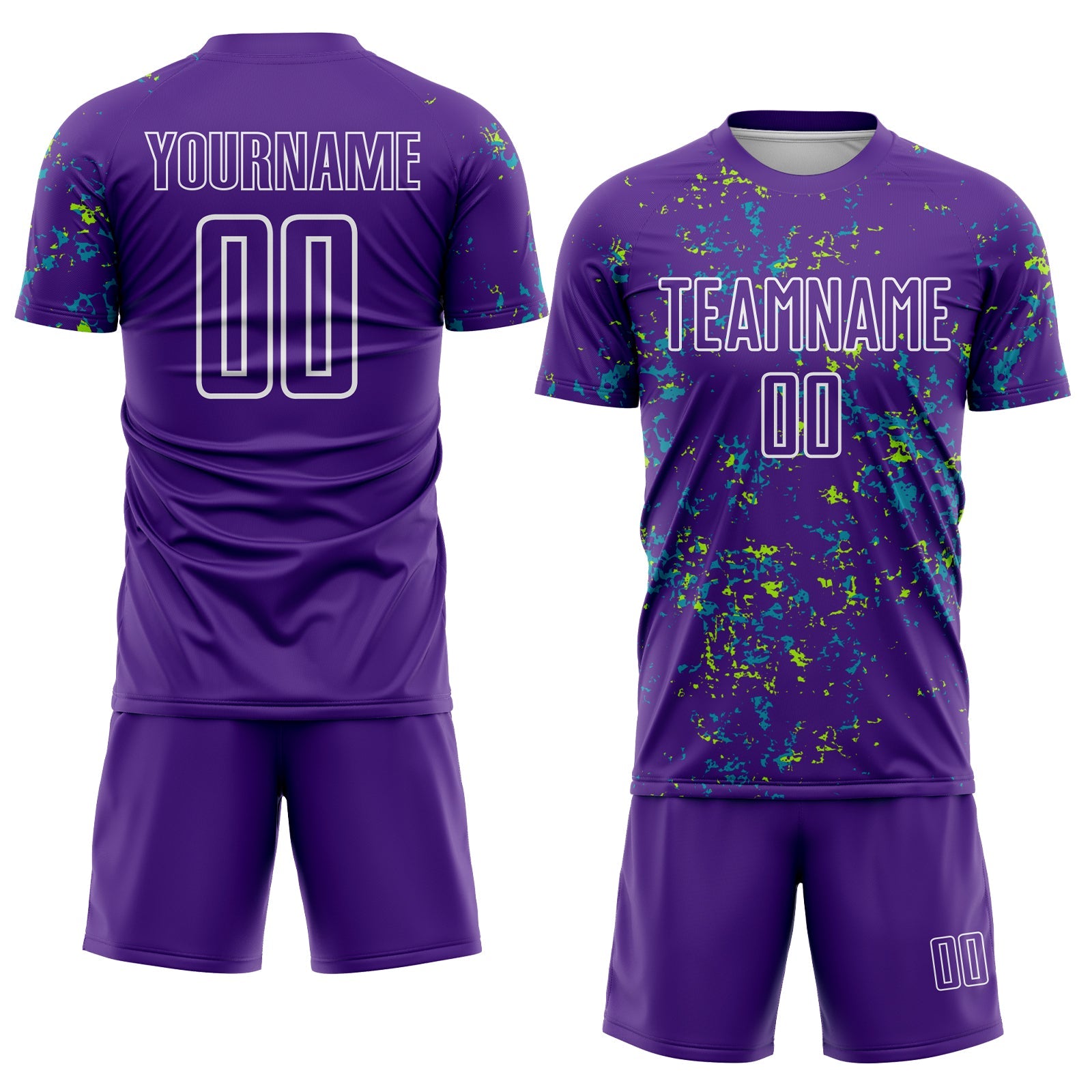 Custom Purple Neon Green-Teal Abstract Fragment Art Sublimation Soccer Uniform Jersey view 2