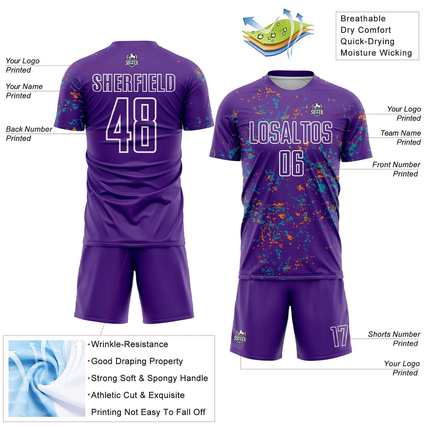 Custom Purple Bay Orange-Teal Abstract Fragment Art Sublimation Soccer Uniform Jersey view 4