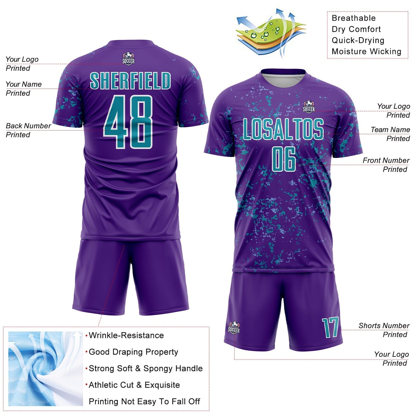 Custom Purple Teal-Light Blue Abstract Fragment Art Sublimation Soccer Uniform Jersey view 4