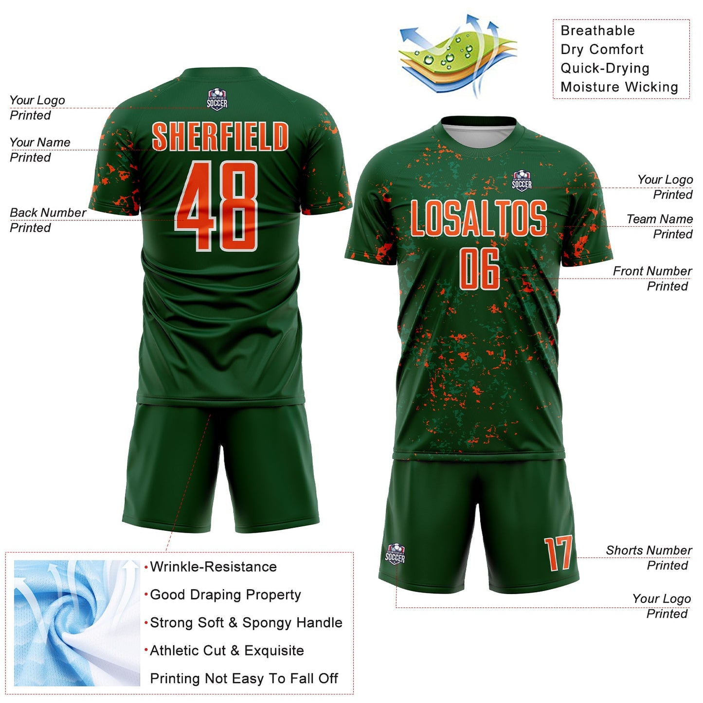 Custom Green Orange-Kelly Green Abstract Fragment Art Sublimation Soccer Uniform Jersey view 4