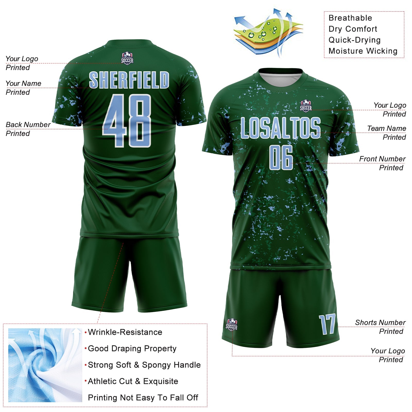 Custom Green Light Blue-Kelly Green Abstract Fragment Art Sublimation Soccer Uniform Jersey view 4