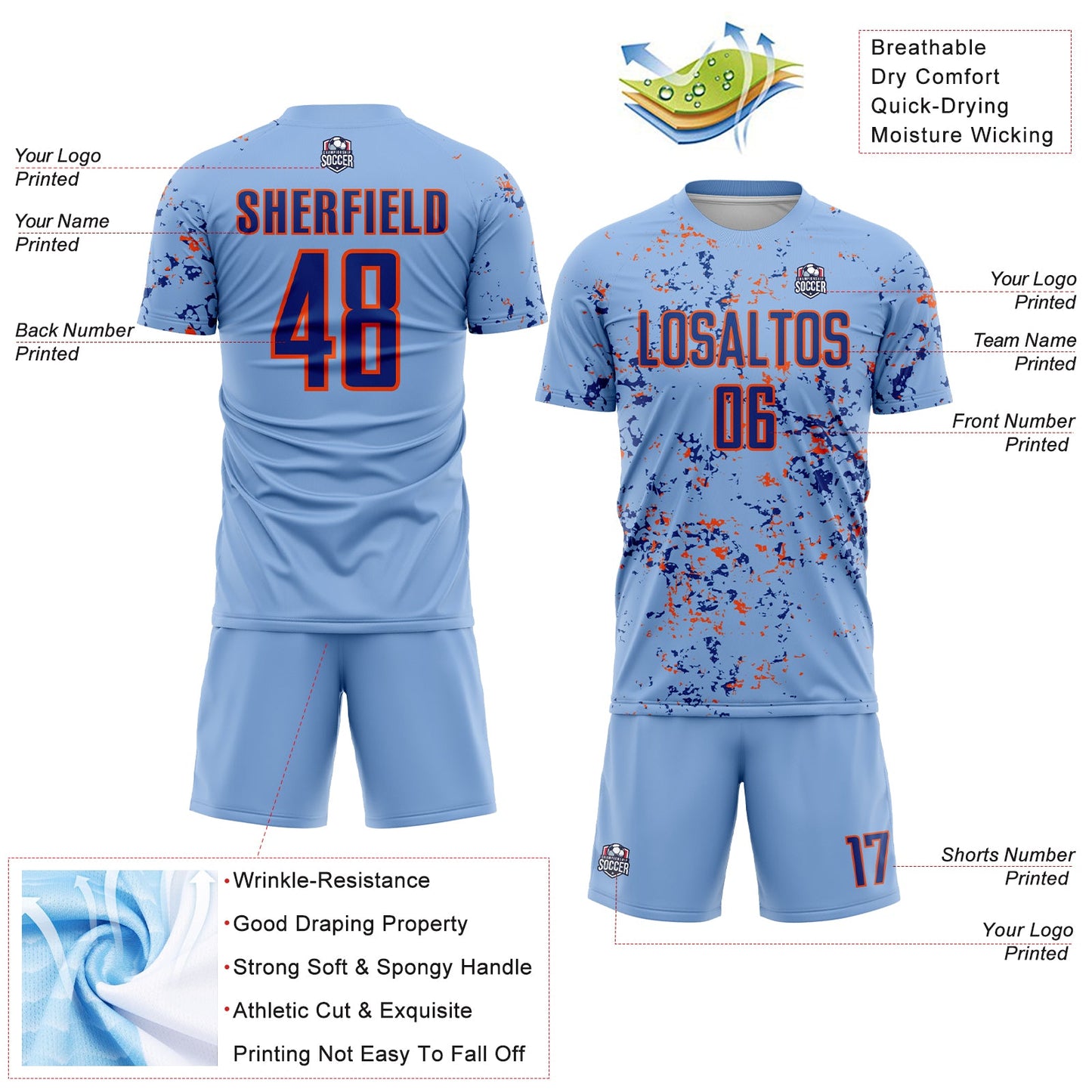 Custom Light Blue Royal-Orange Abstract Fragment Art Sublimation Soccer Uniform Jersey view 4