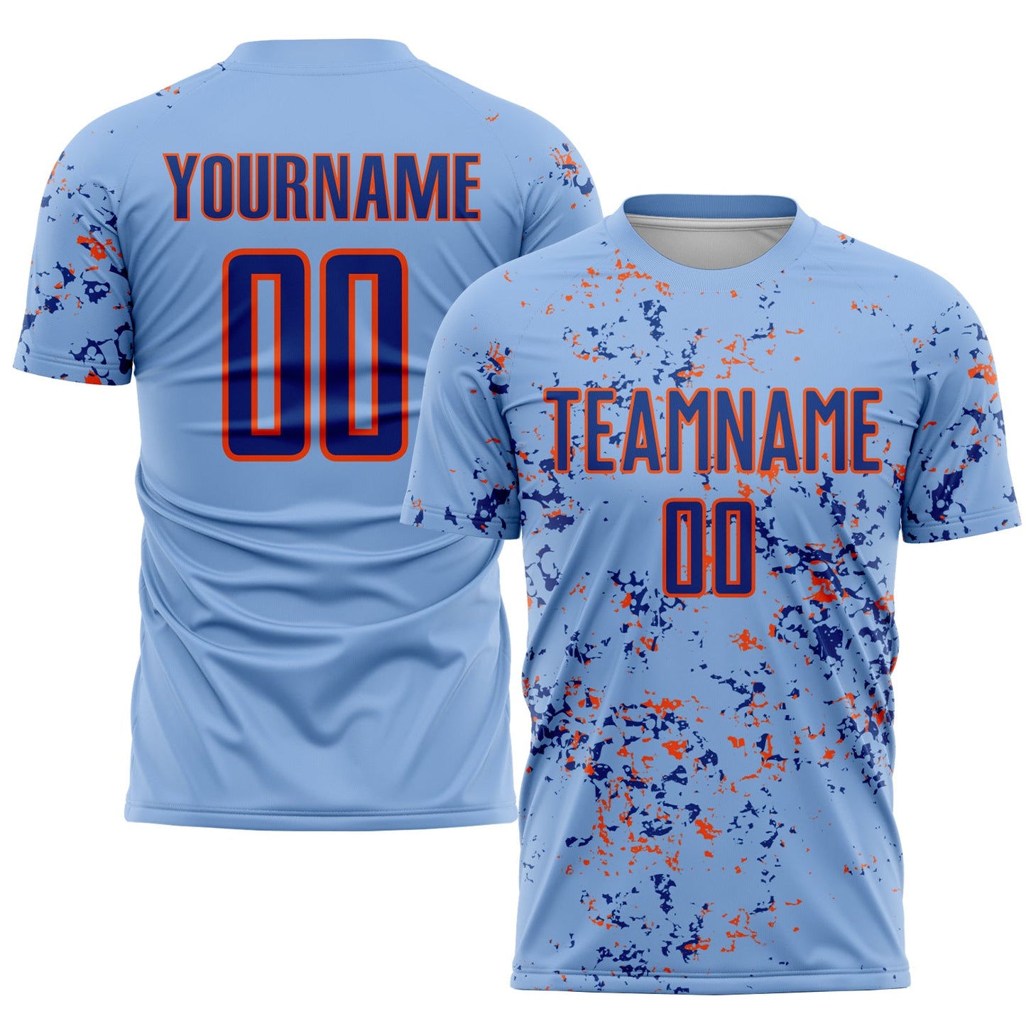 Custom Light Blue Royal-Orange Abstract Fragment Art Sublimation Soccer Uniform Jersey - Main View