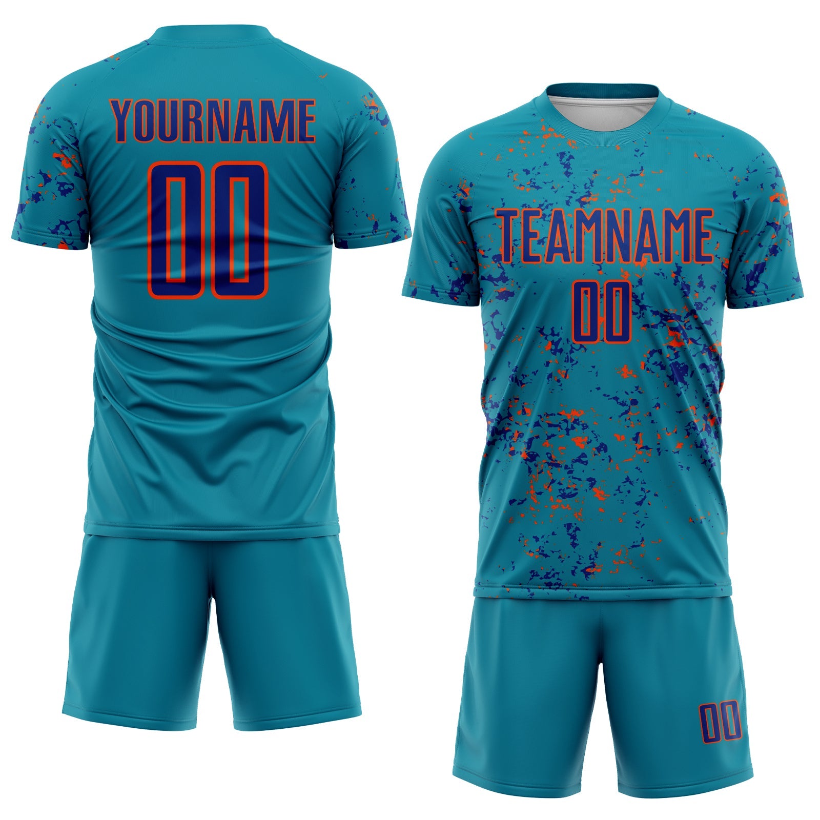 Custom Teal Royal-Orange Abstract Fragment Art Sublimation Soccer Uniform Jersey view 2