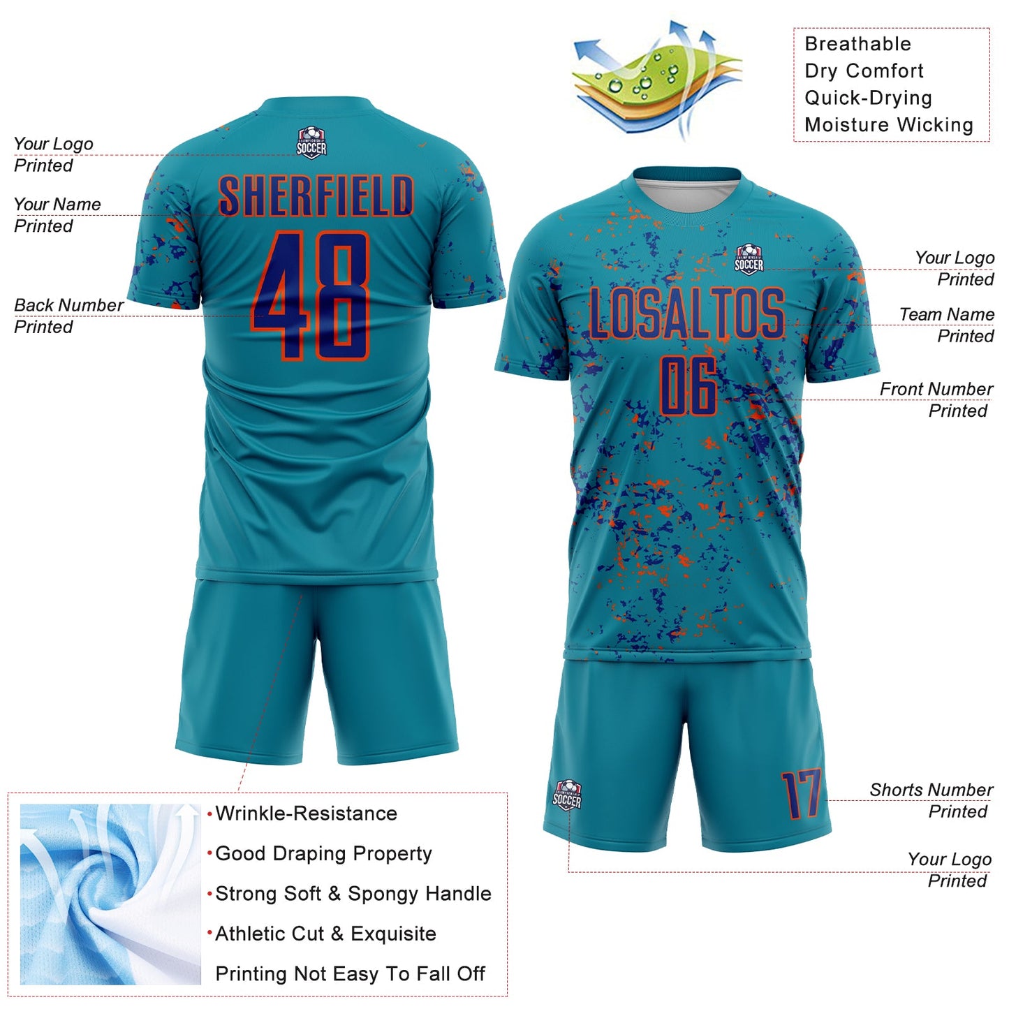 Custom Teal Royal-Orange Abstract Fragment Art Sublimation Soccer Uniform Jersey view 4