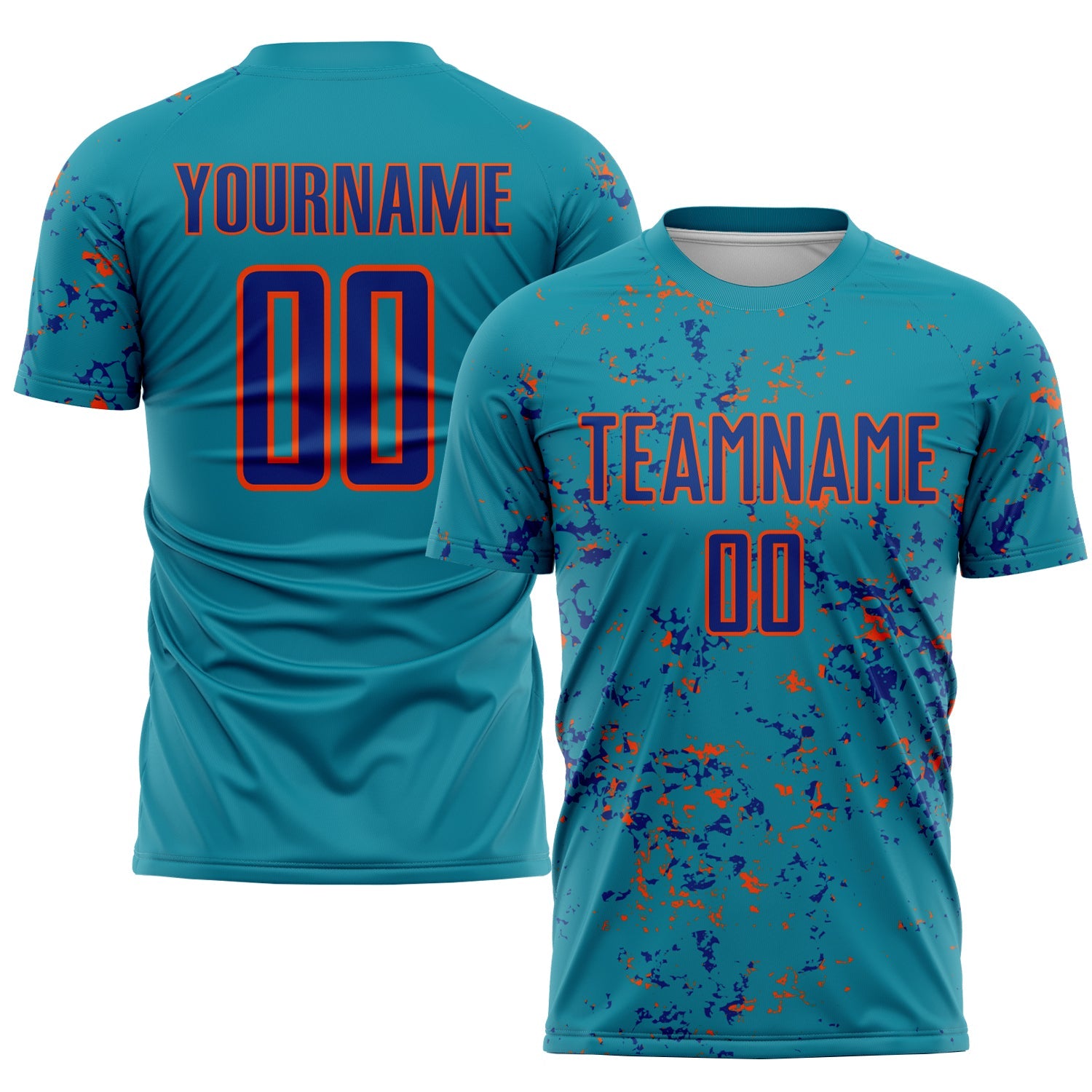 Custom Teal Royal-Orange Abstract Fragment Art Sublimation Soccer Uniform Jersey - Main View
