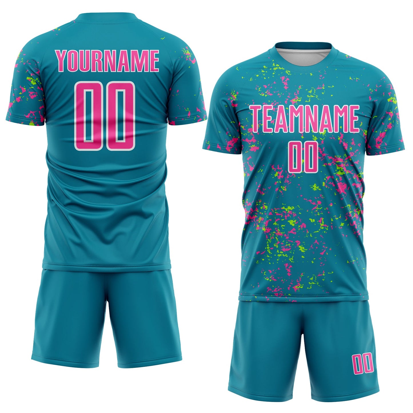 Custom Teal Pink-Neon Green Abstract Fragment Art Sublimation Soccer Uniform Jersey view 2