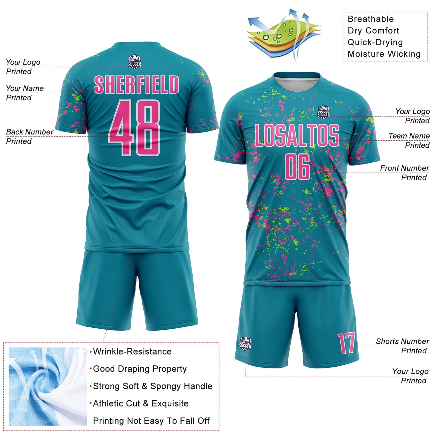 Custom Teal Pink-Neon Green Abstract Fragment Art Sublimation Soccer Uniform Jersey view 4