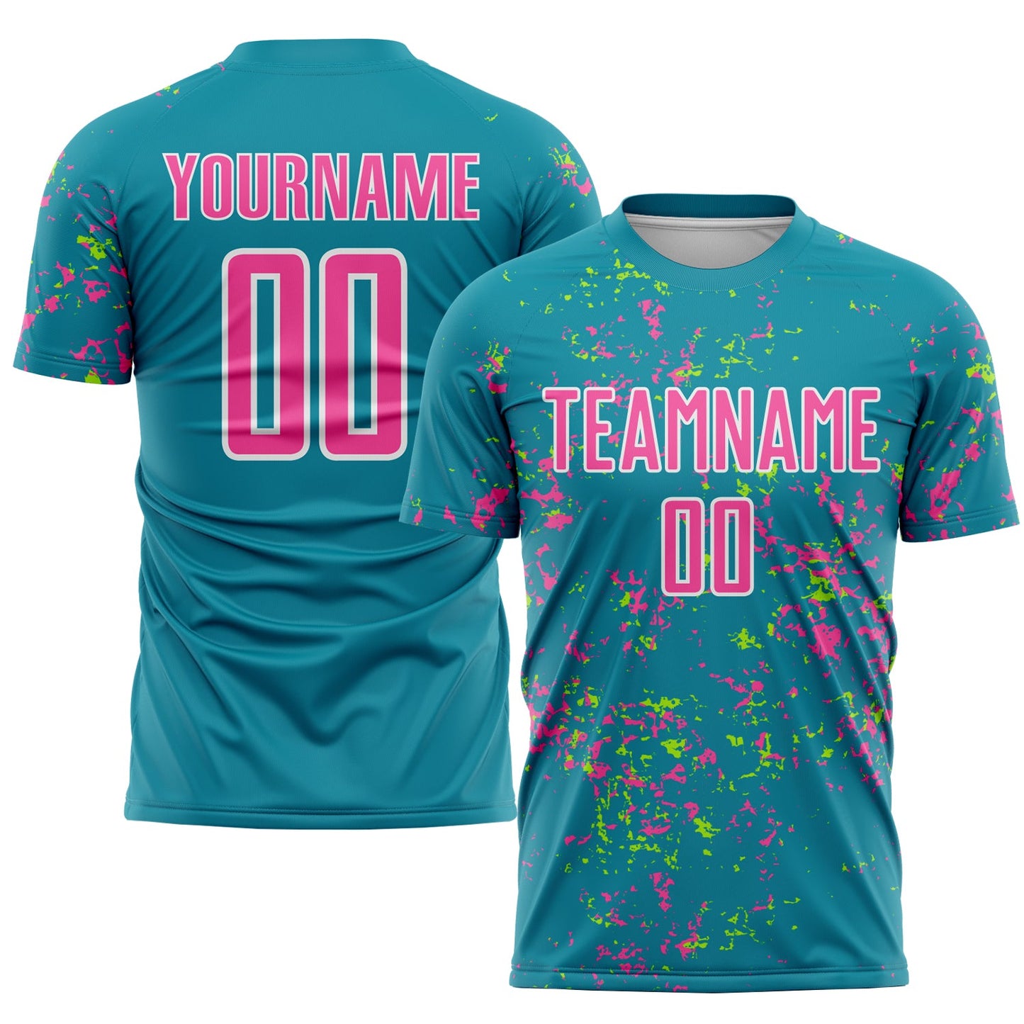 Custom Teal Pink-Neon Green Abstract Fragment Art Sublimation Soccer Uniform Jersey - Main View