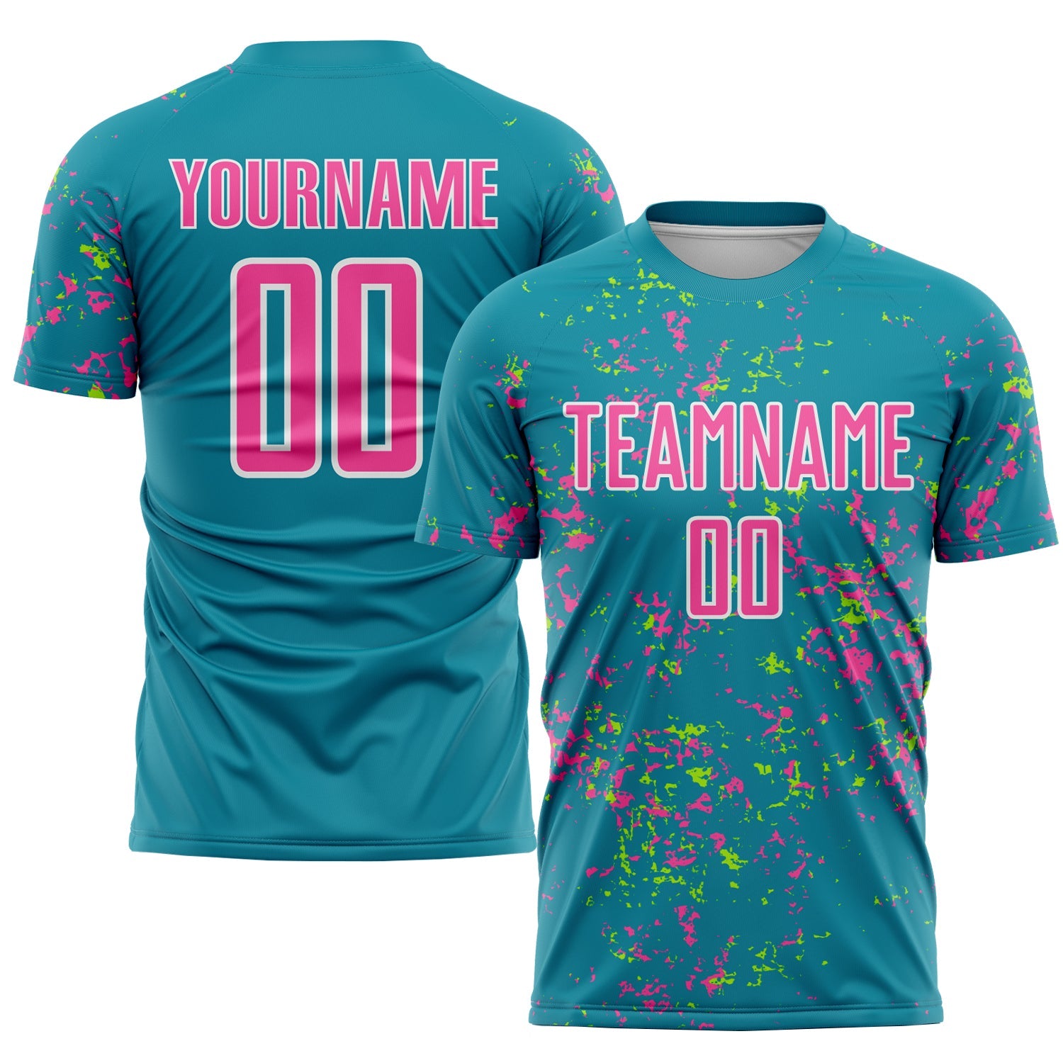 Custom Teal Pink-Neon Green Abstract Fragment Art Sublimation Soccer Uniform Jersey - Main View