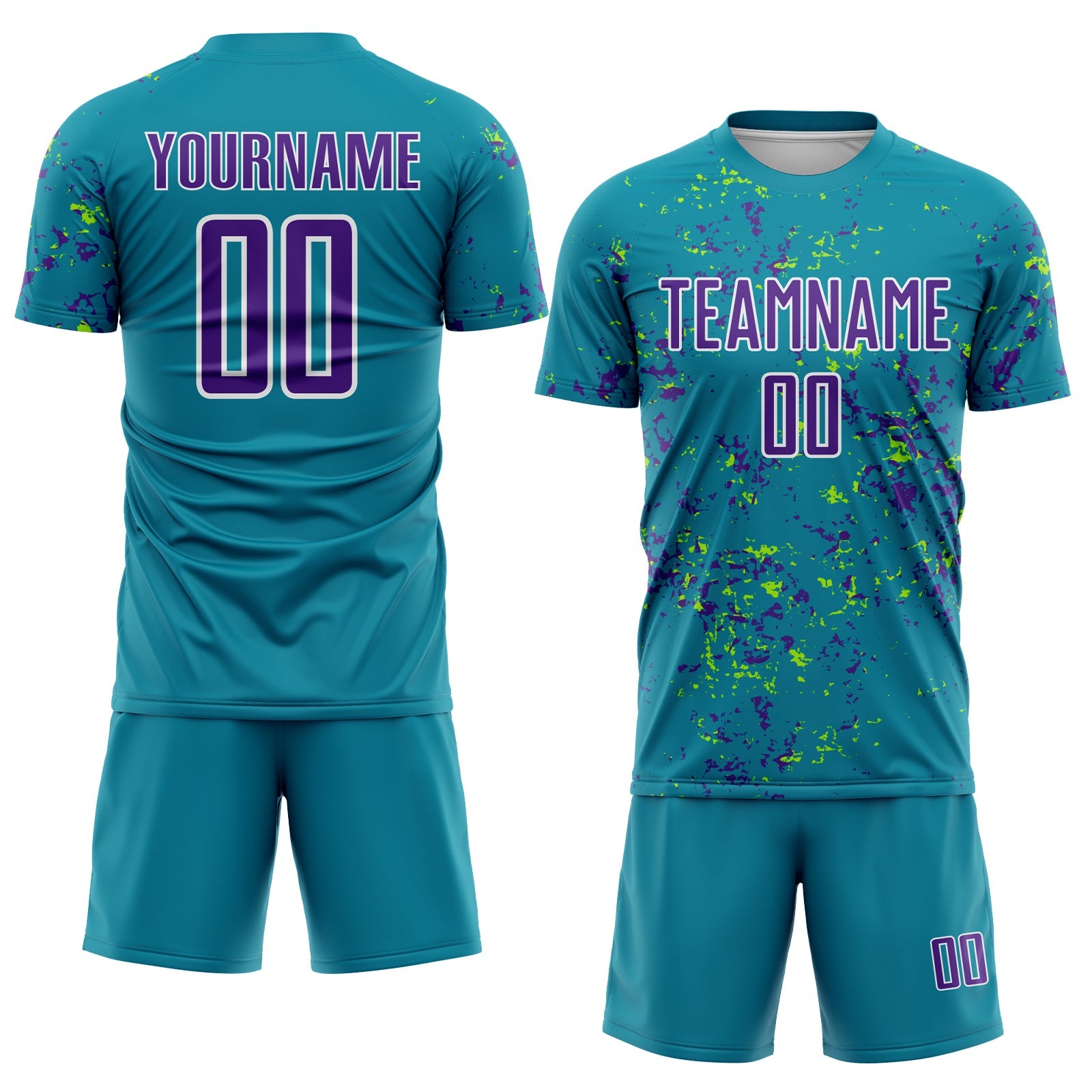 Custom Teal Purple-Neon Green Abstract Fragment Art Sublimation Soccer Uniform Jersey view 2
