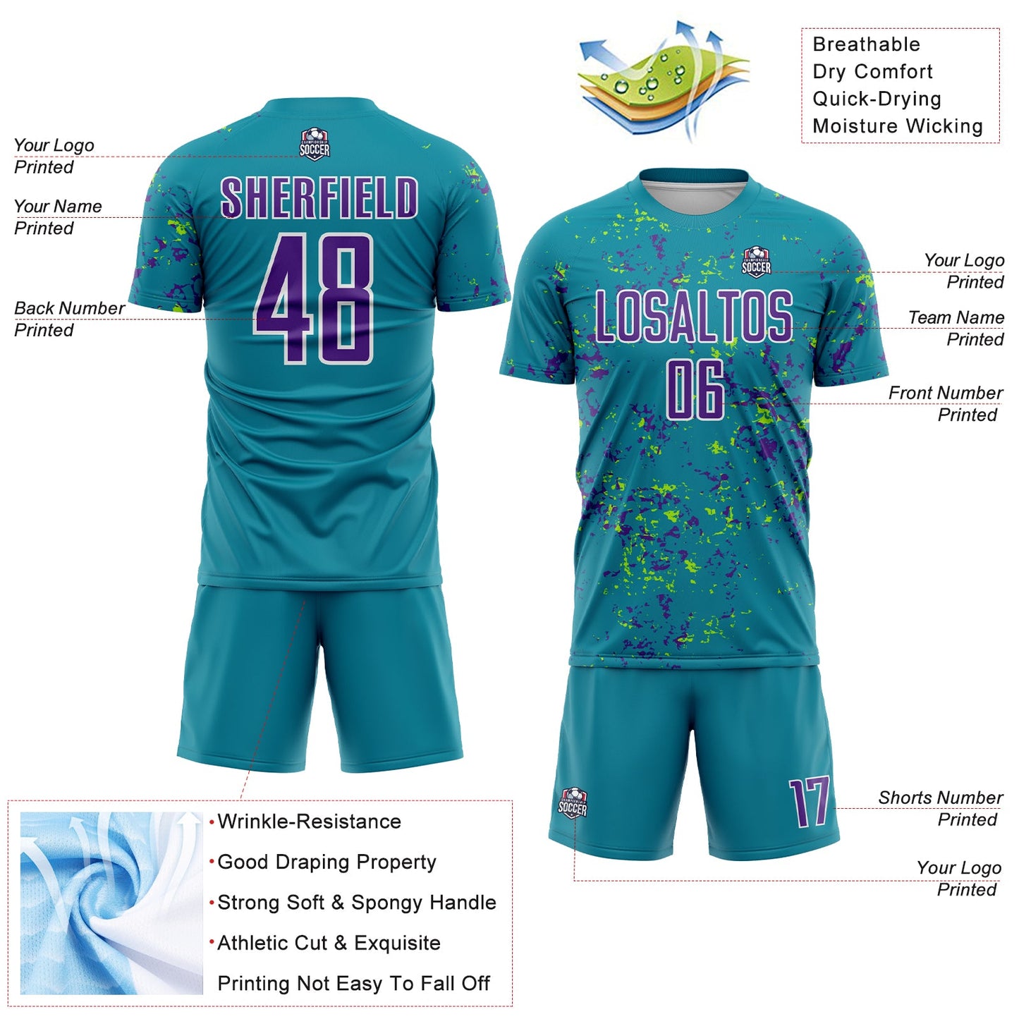 Custom Teal Purple-Neon Green Abstract Fragment Art Sublimation Soccer Uniform Jersey view 4