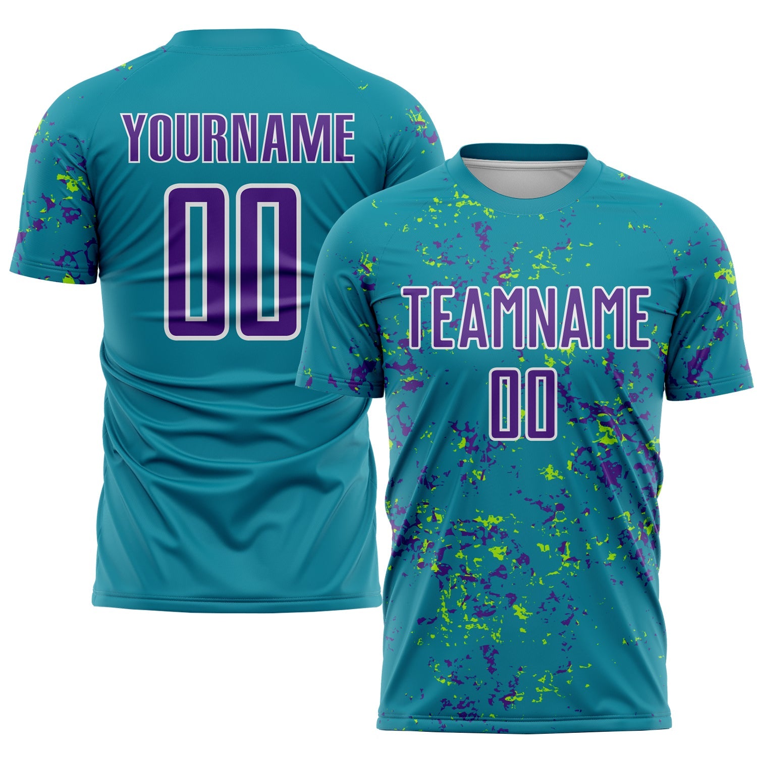 Custom Teal Purple-Neon Green Abstract Fragment Art Sublimation Soccer Uniform Jersey - Main View