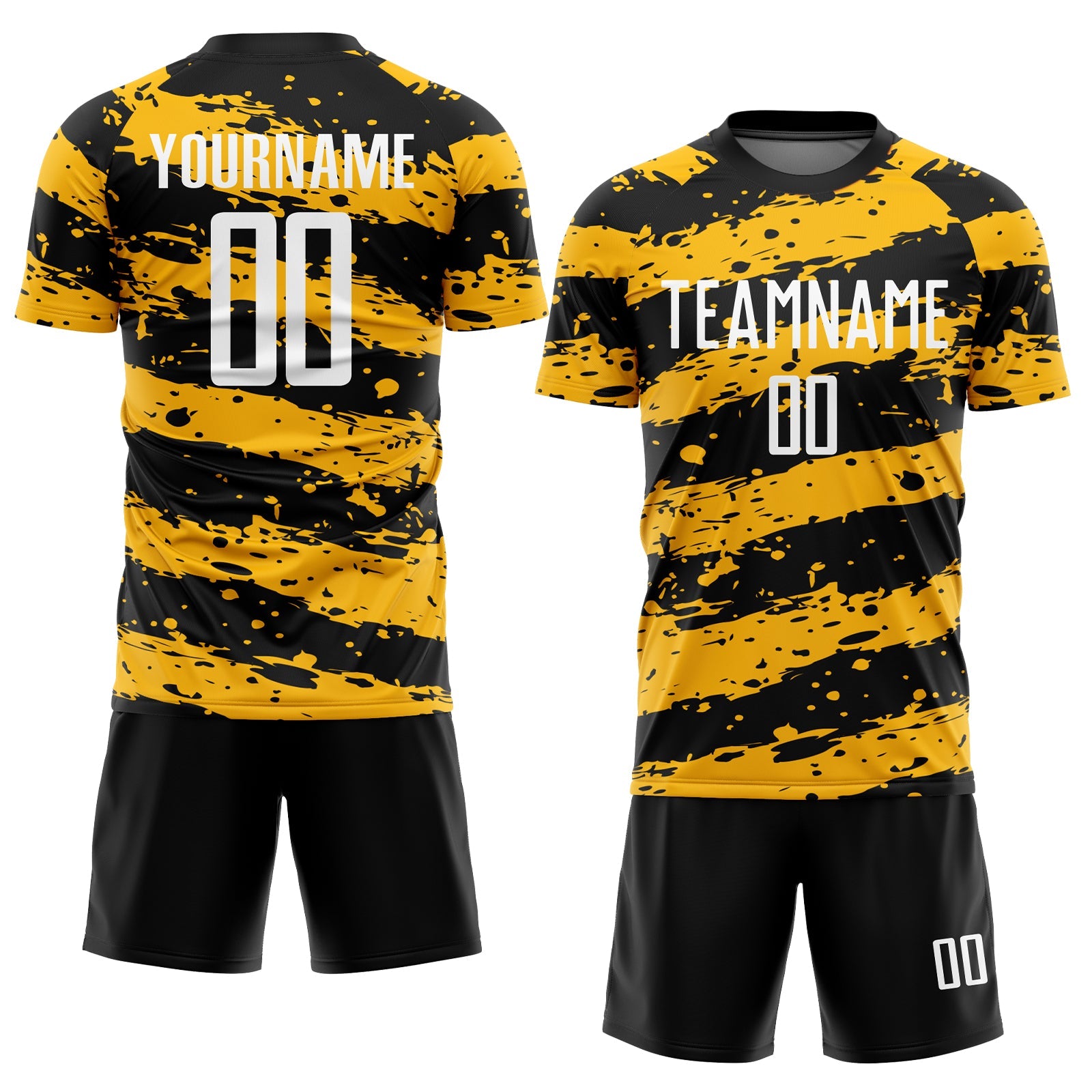 Custom Black White-Gold Splash Sublimation Soccer Uniform Jersey view 2
