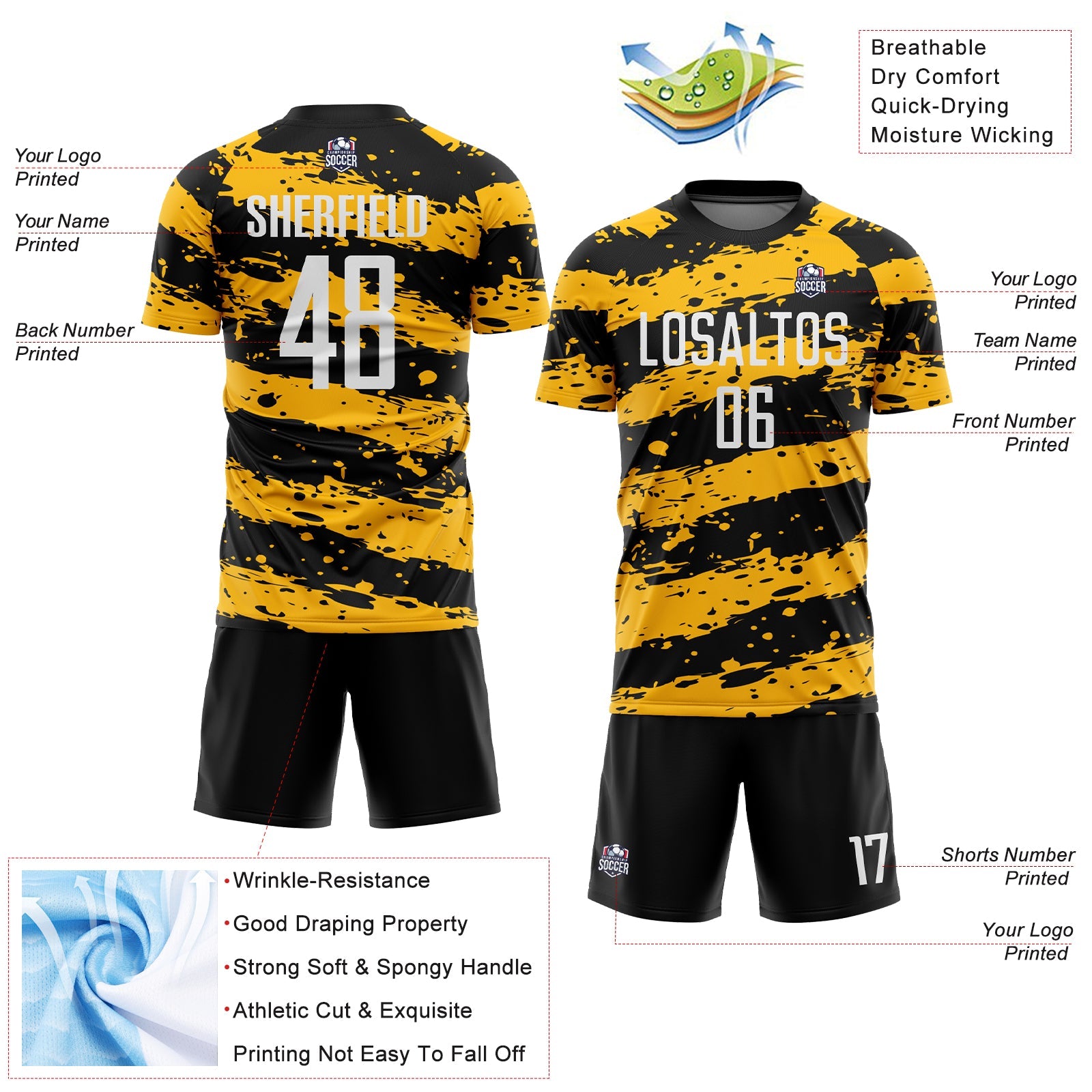 Custom Black White-Gold Splash Sublimation Soccer Uniform Jersey view 4