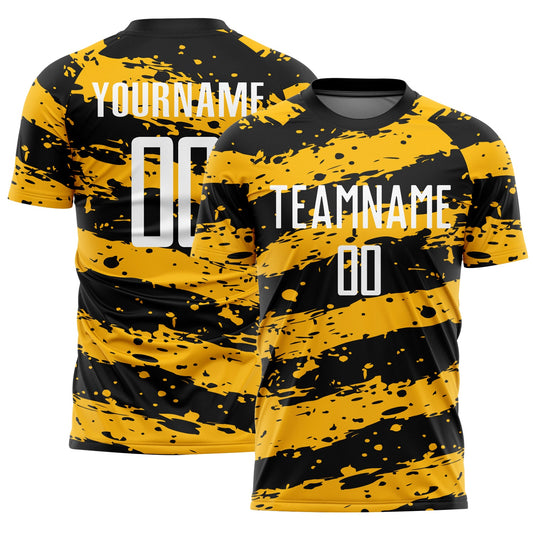 Custom Black White-Gold Splash Sublimation Soccer Uniform Jersey - Main View