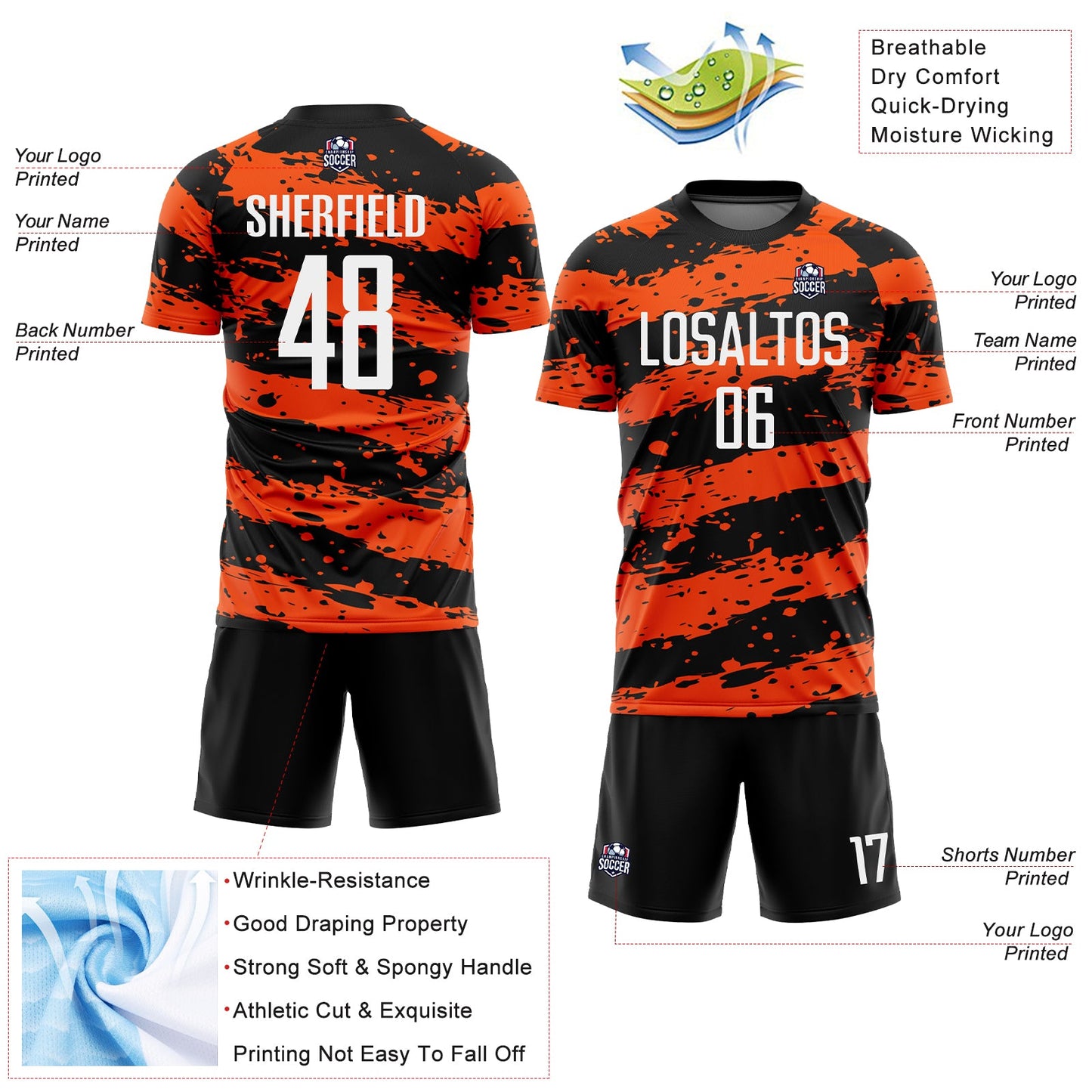 Custom Black White-Orange Splash Sublimation Soccer Uniform Jersey view 4