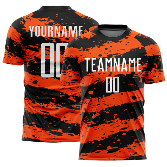 Custom Black White-Orange Splash Sublimation Soccer Uniform Jersey - Main View