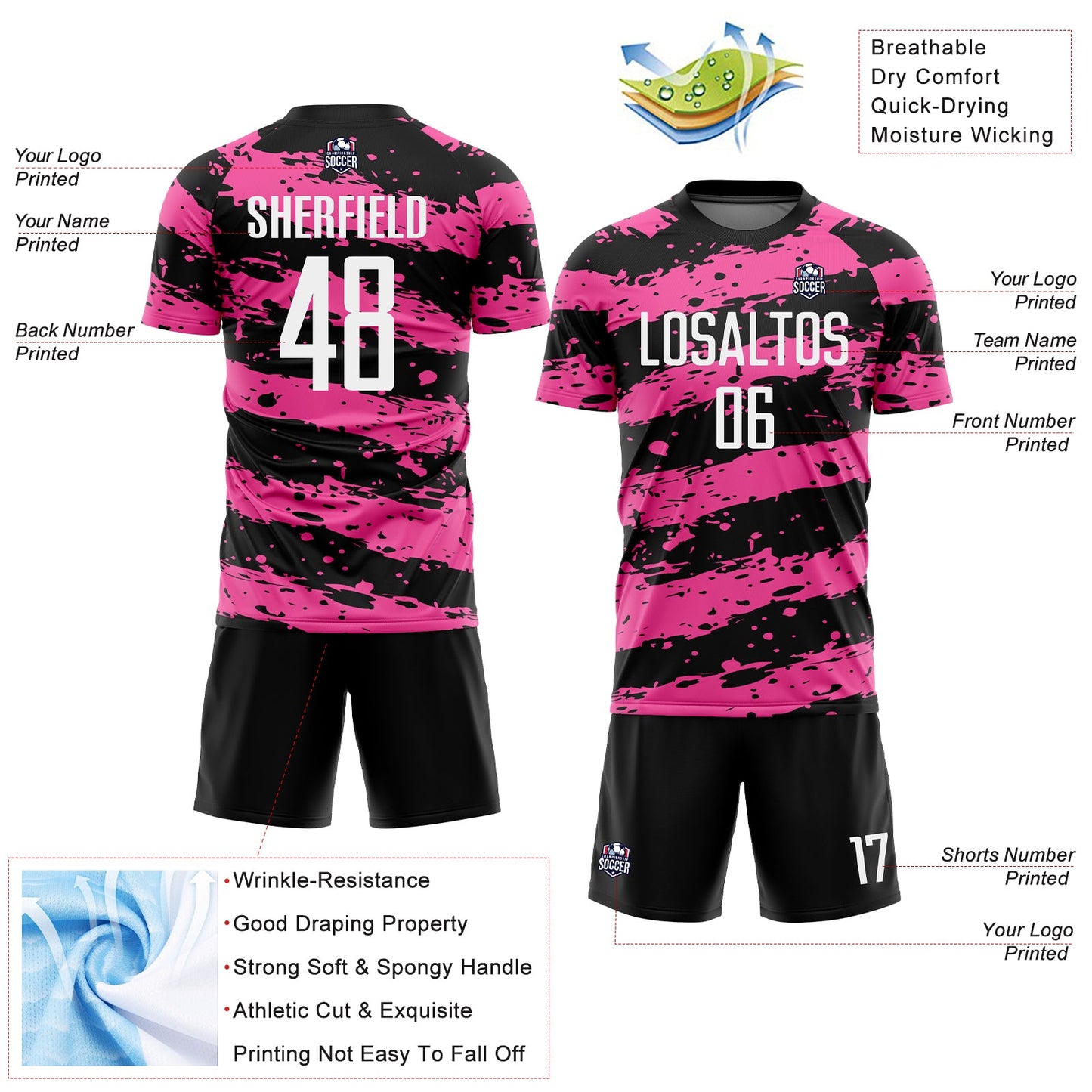 Custom Black White-Pink Splash Sublimation Soccer Uniform Jersey view 4