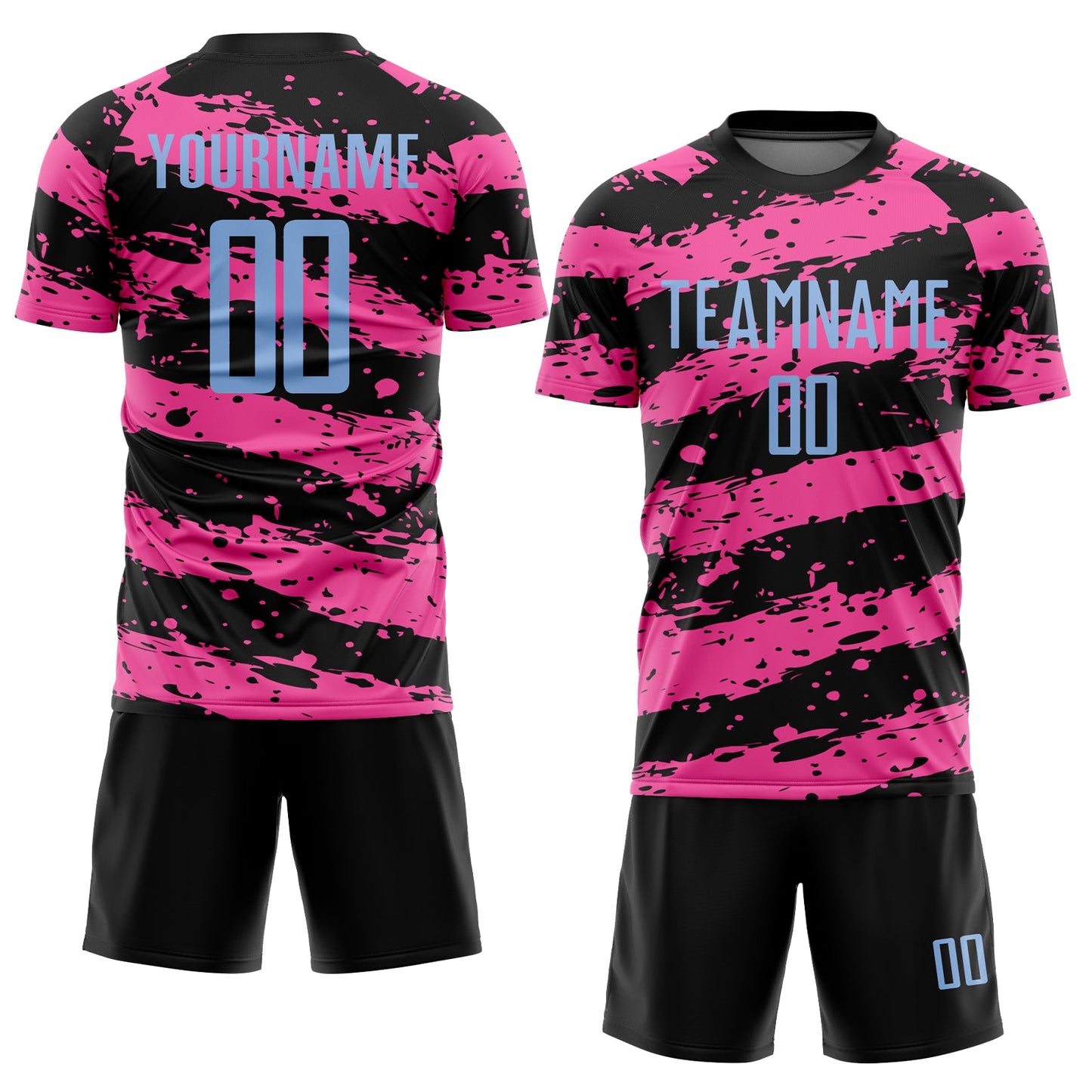 Custom Black Light Blue-Pink Splash Sublimation Soccer Uniform Jersey view 2