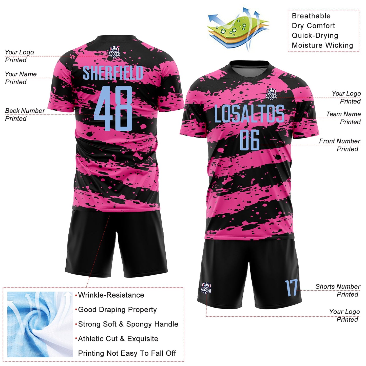 Custom Black Light Blue-Pink Splash Sublimation Soccer Uniform Jersey view 4
