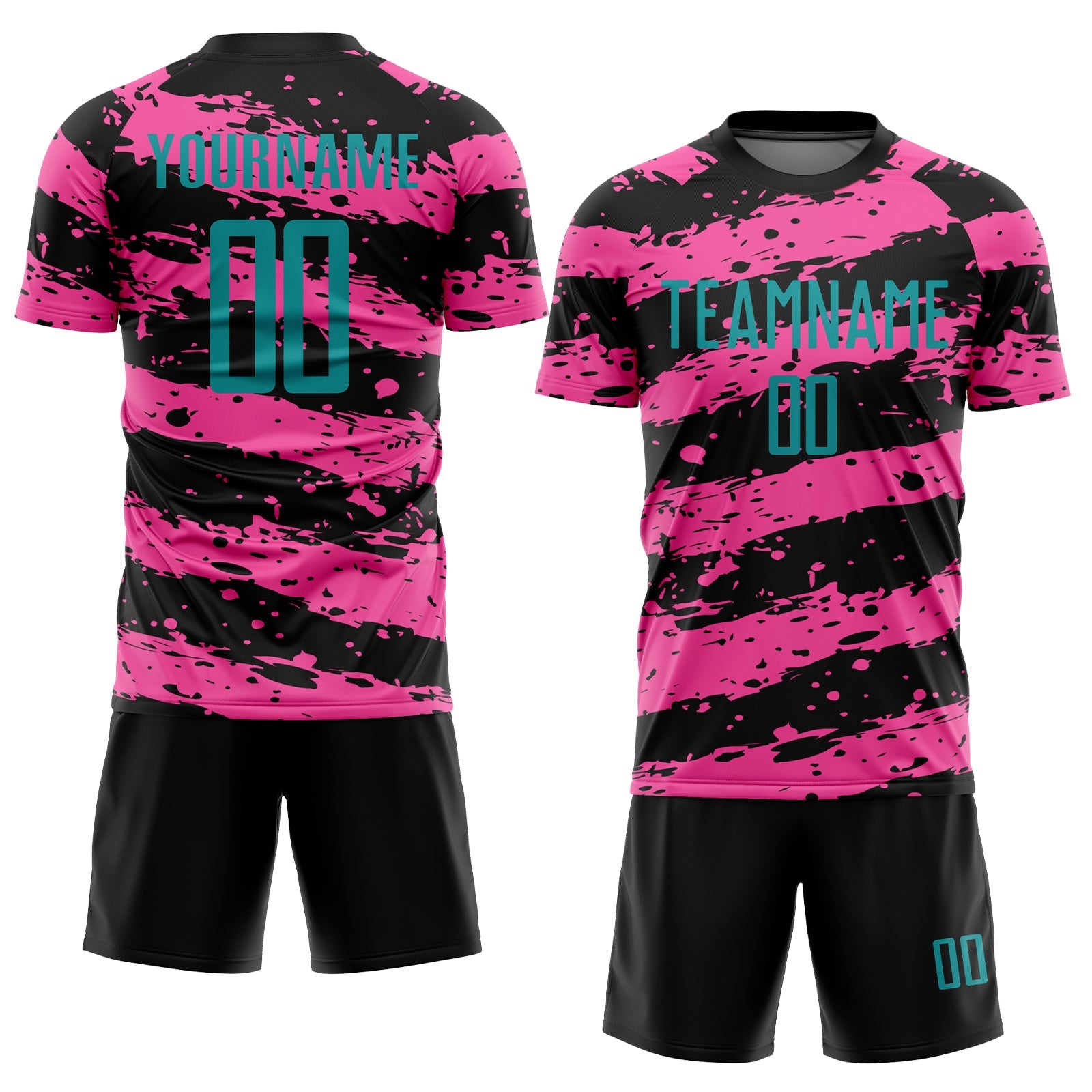 Custom Black Teal-Pink Splash Sublimation Soccer Uniform Jersey view 2