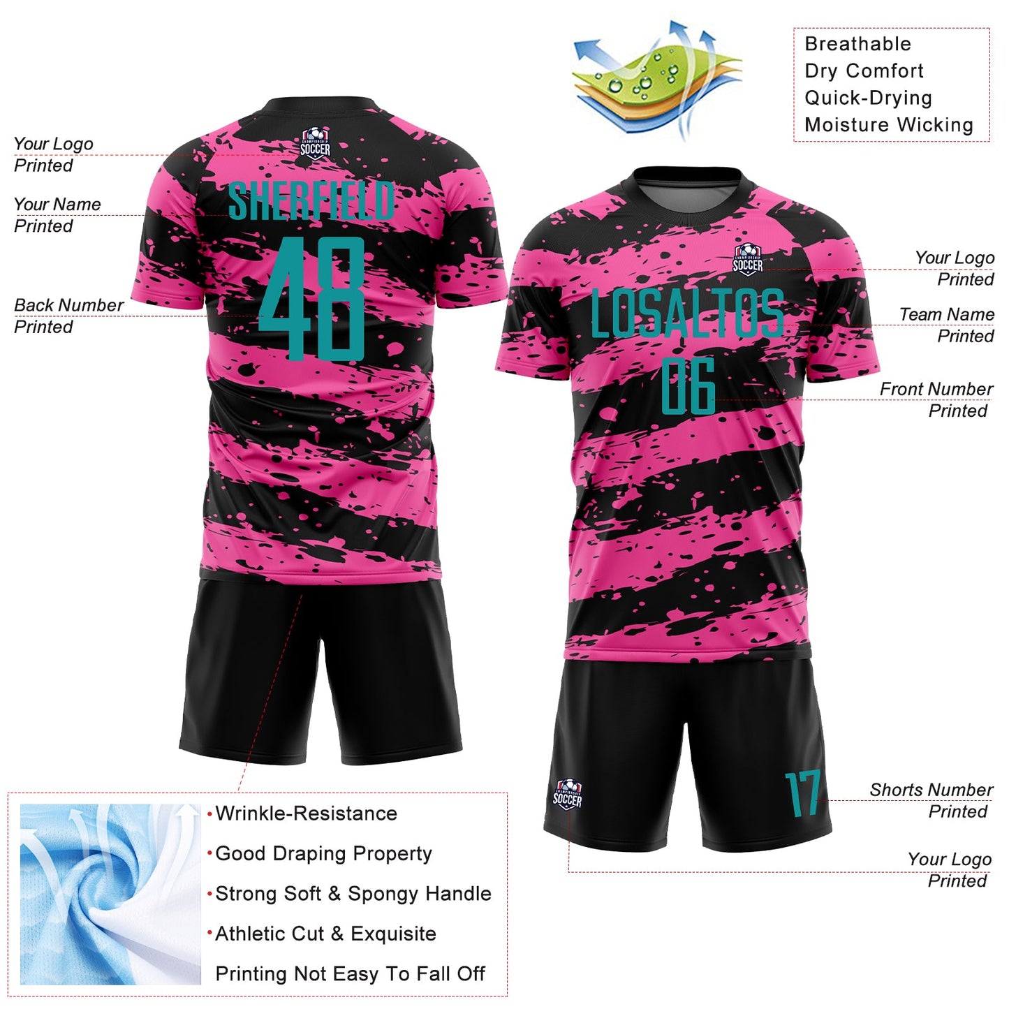Custom Black Teal-Pink Splash Sublimation Soccer Uniform Jersey view 4